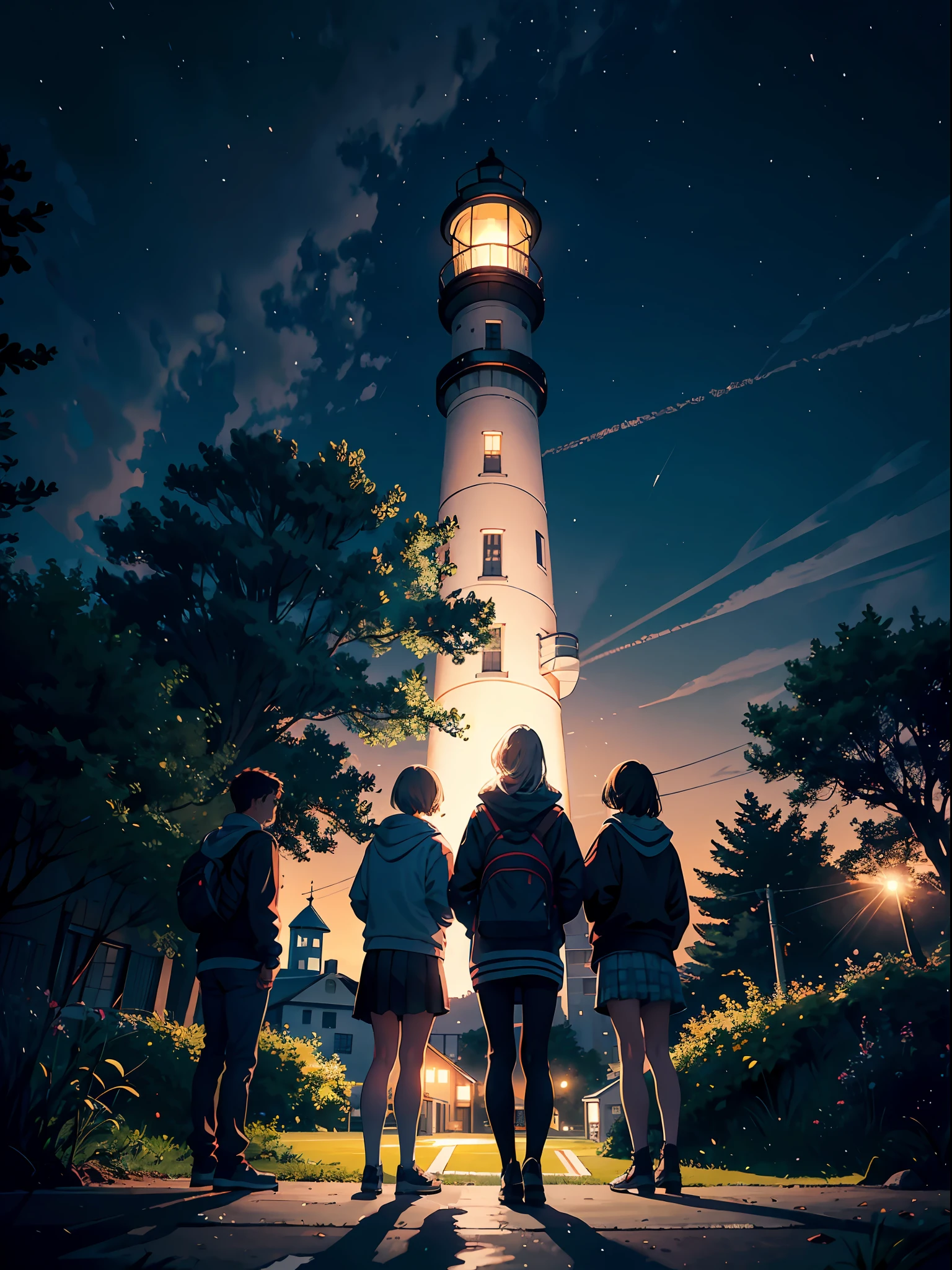 4 friends standing with their backs, on a hill. The big school with a soccer field in the middle of the city with lights and trees mixed together. In the distance is the beach. Not far from the coast is a lighthouse. Everything under the night sky.