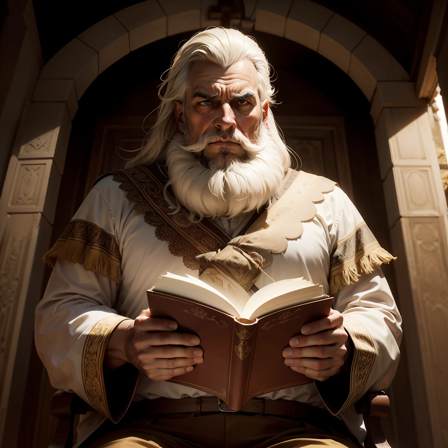(extremamente detalhado, obra-prima, melhor qualidade), estilo tradicional, envelhecido, Wise man holding a bible, barba longa e branca, expression serious, soft-lighting, fundo com textura de pergaminho.