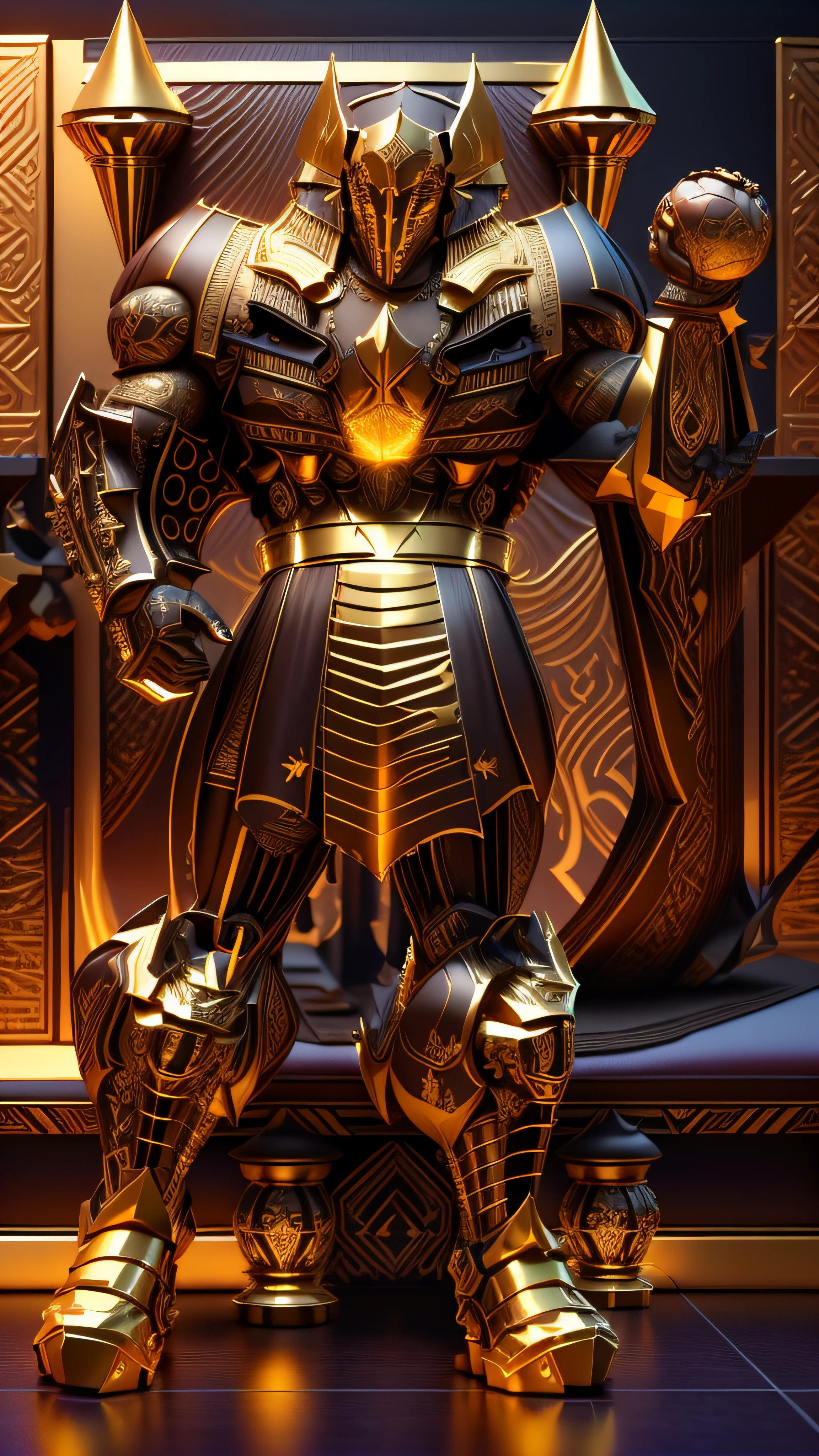 An imposing pharaoh, preto com dourado, coxas feitas de neon amarelo, Yellow flame emanating from the arm, 3D-rendering, Hyper-realistic graphics, 3D-rendering, 8k, NVIDIA, RTX 4090 | | | | | |, ray tracing, Bokeh, Galaxy scenery,