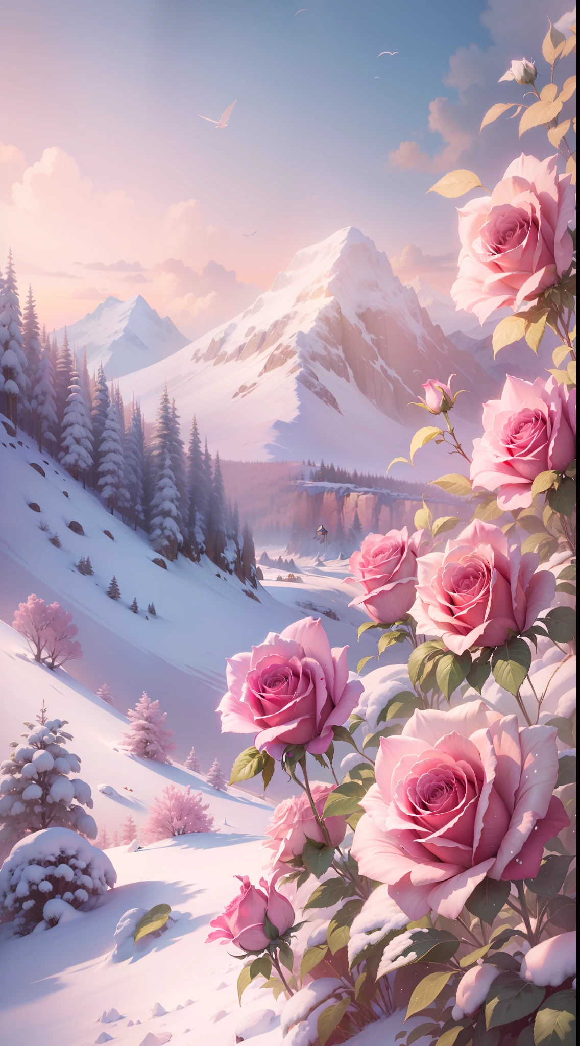 There are pink roses in the snow on the mountain, beautiful digital painting, beatiful background, Beautiful art UHD 4 K, floral environment, background artwork, roses in cinematic light, Rose background, 🌺 CGSesociety, Gorgeous digital painting, soft light 4 k in pink, illusory engine ; romantic motifs, rose background, warm beautiful scene, 8K high quality detailed art