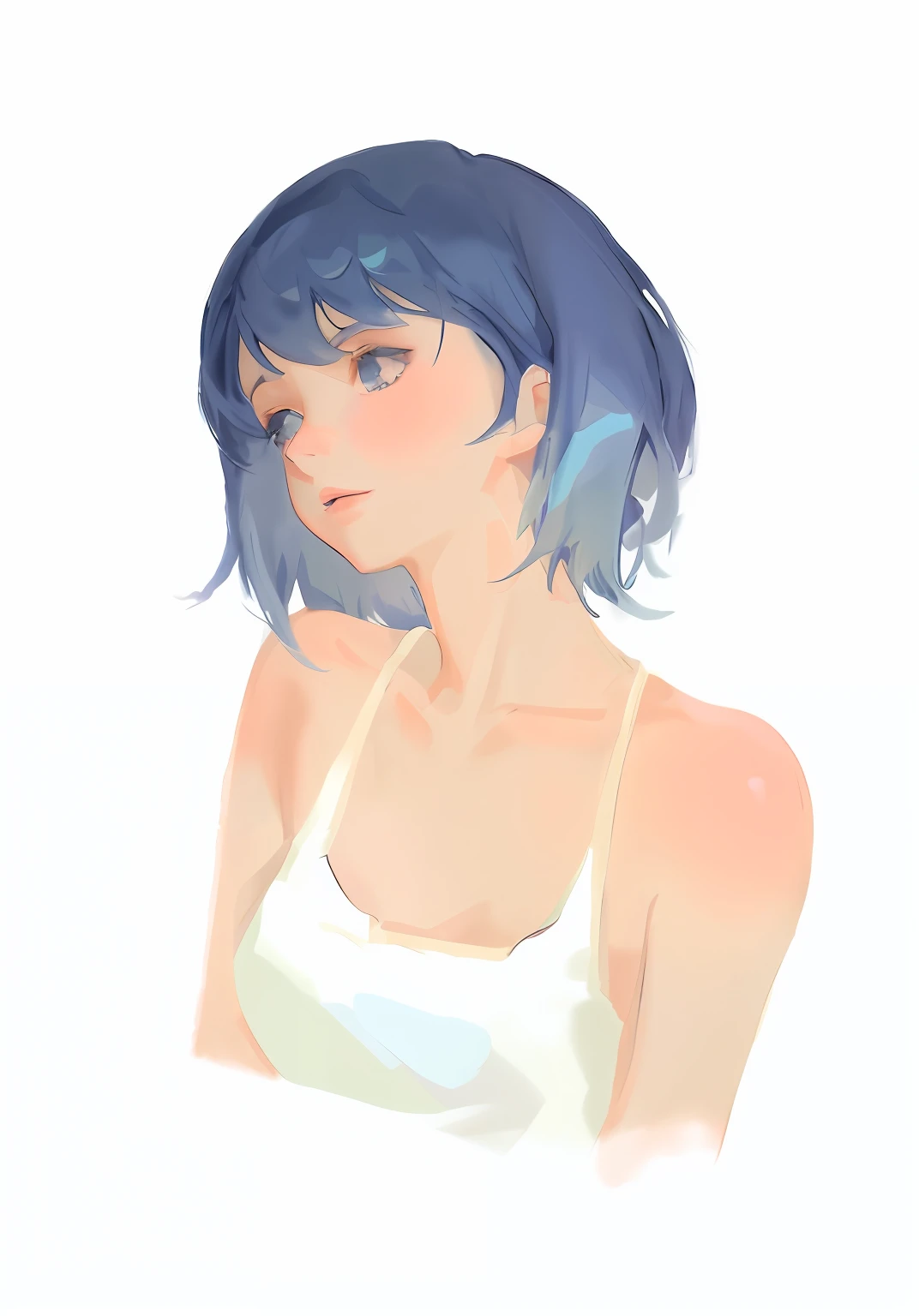 there is a woman with blue hair and a white shirt, drawn in anime painter studio, short blue haired woman, made with anime painter studio, Soft anime illustration, half-body portrait, 2d portrait, soft digital painting, Soft portrait, semirealistic anime style, Girl with blue hair, color study, pale bluish skin, Anime style portrait, anime portrait