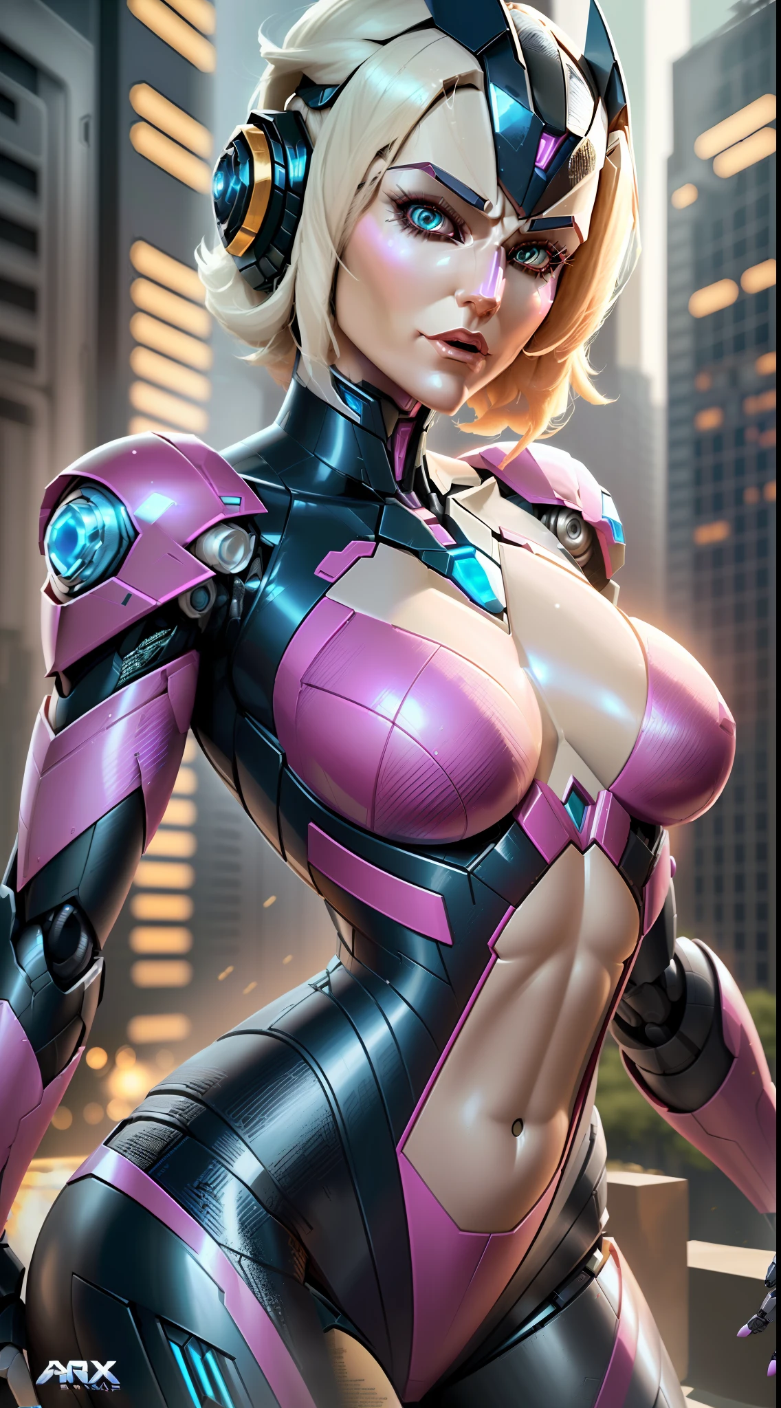 (corpo inteiro), soio, Ultra alta qualidade, maximum definition, 8k, Arcee (Transformadores: War for Cybertron), (identical to the series), (head identical to cartoon), totalmente humanizado, human skin, Rosto detalhado, Olhos detalhados, robotic body, Human-robot transition, robotic human,