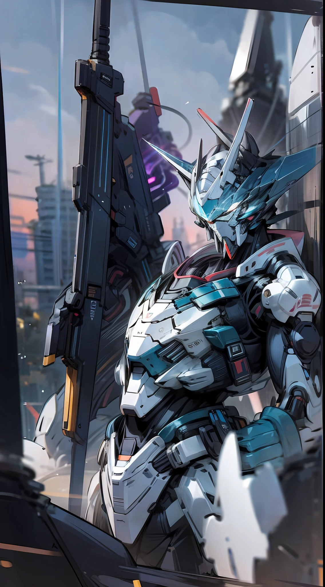 Raw foto,Dark_Fantasy, Cyberpunk, (Big Revolver, Hunter Man, Violet: 1.1), 1man, Mechanical Wonder, Robotic Presence, Cybernetic Guardian, White, black, blue, soldier Gundam, extremely high detailed, half-body, Hold A Giant gun, blue cat, cat, cat Gundam, white, Beast, (half body), Doraemon,