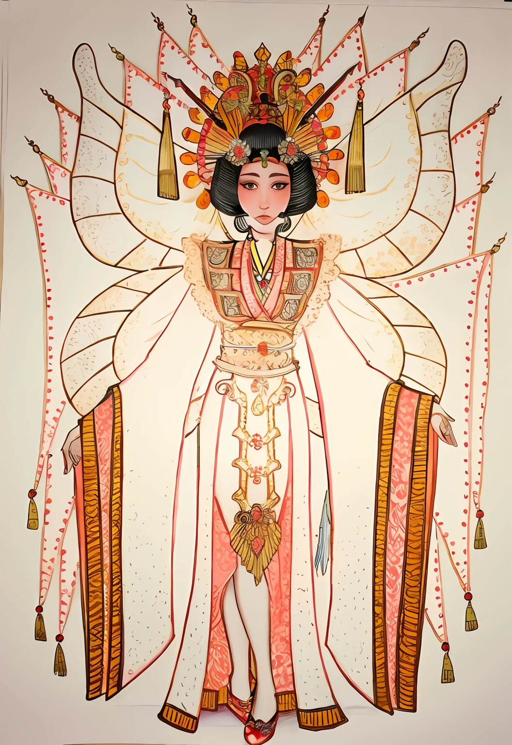 um desenho de uma mulher em um traje com um ventilador, figurino intrincado, inspired by Tawaraya Sōtatsu, A Deusa Borboleta do Fogo, inspirado em Kay Nielsen, inspirado em Tosa Mitsunobu, Gueixa primeira bailarina, portrait of a scorpion goddess, inspired by Kanō Motonobu, inspirado em Yun-Fei Ji