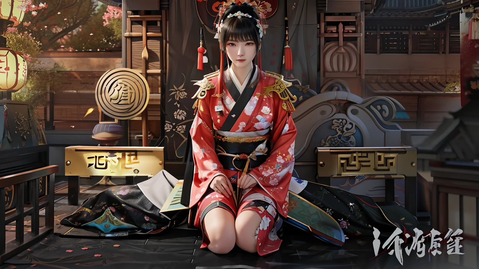 There was a woman sitting on the floor,Take a bunch of things, dead or alive 6, katanas strapped to her back, full-body wuxia, wearing kimono armour, ornate korean polearm behind her, rings asuka iwakura station game, she is holding a katana sword, inspired by Li Mei-shu, portrait shooting