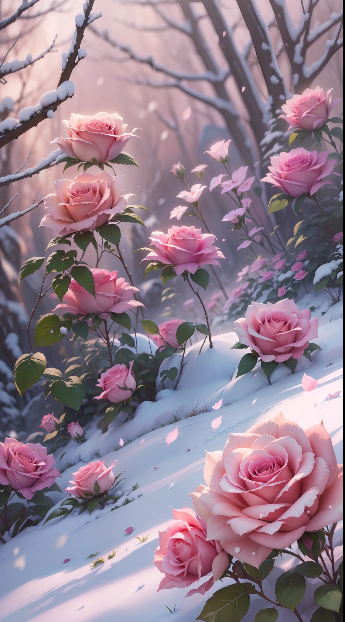 There are pink roses in the snow on the mountain, beautiful digital painting, beatiful background, Beautiful art UHD 4 K, floral environment, background artwork, roses in cinematic light, Rose background, 🌺 CGSesociety, Gorgeous digital painting, soft light 4 k in pink, illusory engine ; romantic motifs, rose background, warm beautiful scene, 8K high quality detailed art