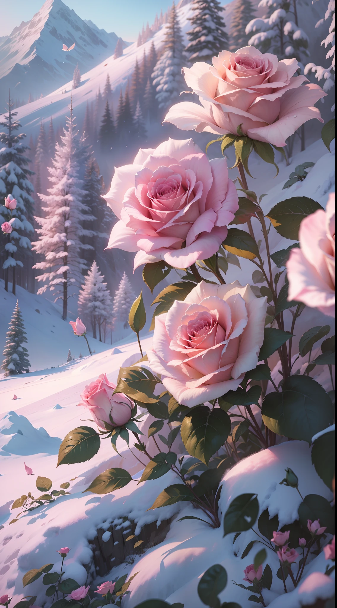 There are pink roses in the snow on the mountain, beautiful digital painting, beatiful background, Beautiful art UHD 4 K, floral environment, background artwork, roses in cinematic light, Rose background, 🌺 CGSesociety, Gorgeous digital painting, soft light 4 k in pink, illusory engine ; romantic motifs, rose background, warm beautiful scene, 8K high quality detailed art