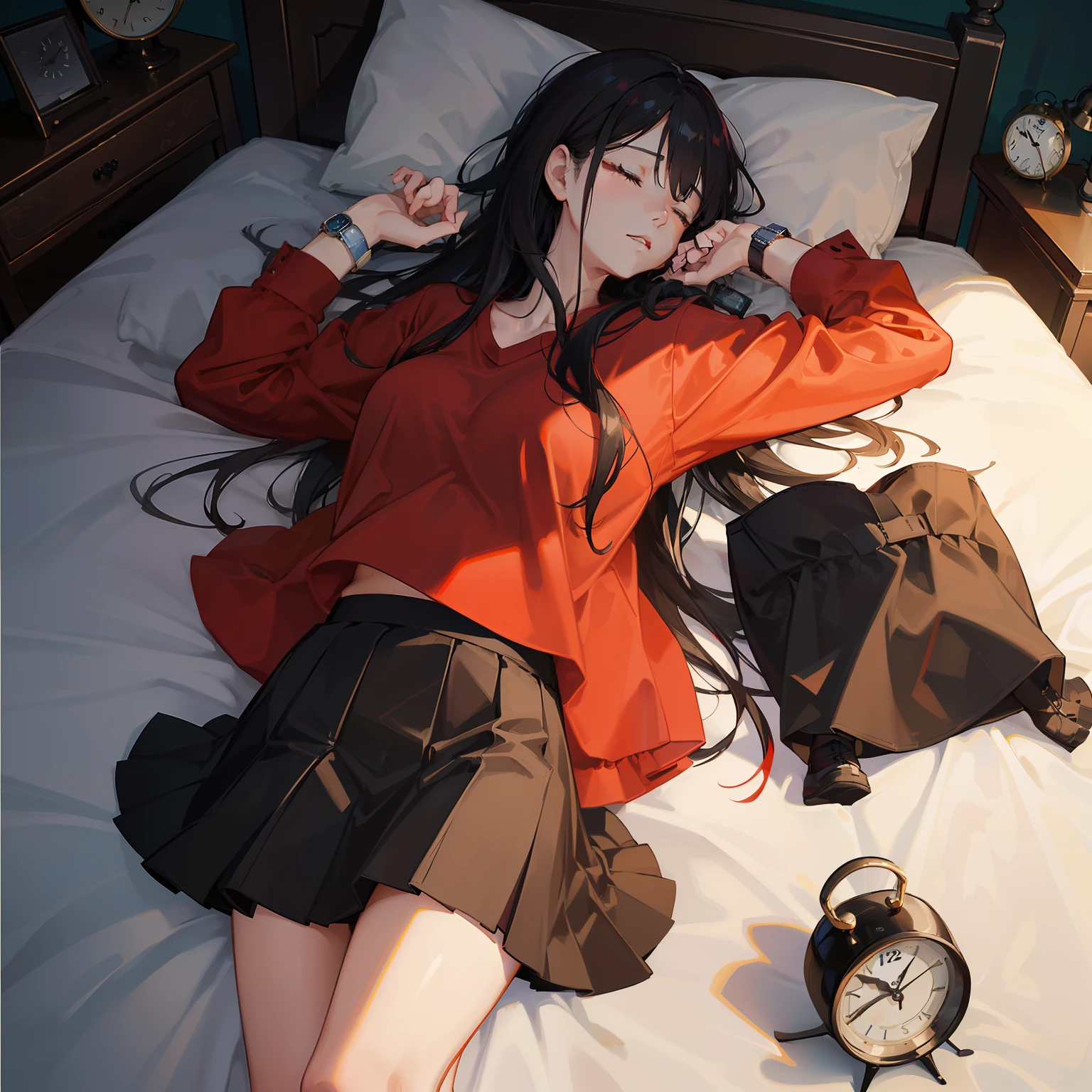 masterpiece、hightquality、vivd colour、(((Long Black Hair)))、(((Red Shirt)))、(((a black skirt)))、(((sleep)))、(((Numerous alarm clocks)))、(((A large number of watches)))