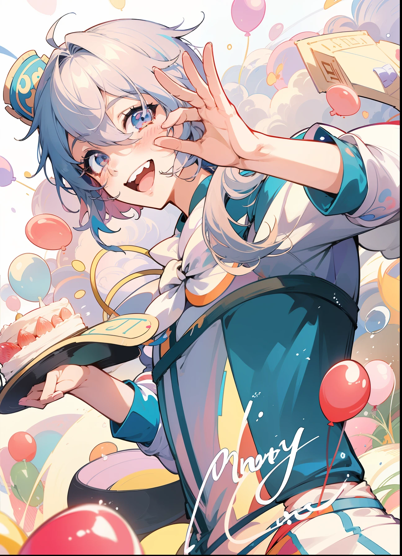 Anime girl with cake and balloons in the air, Official art, anime moe art style, anime cover, official artwork, splash art anime loli, Pixiv Contest Winner, from touhou, pixiv, official fan art, zerochan art, [ Tarot Cards ]!!!!!, official anime artwork, In pixiv, high quality fan art, Happy!!!, 2 d anime style