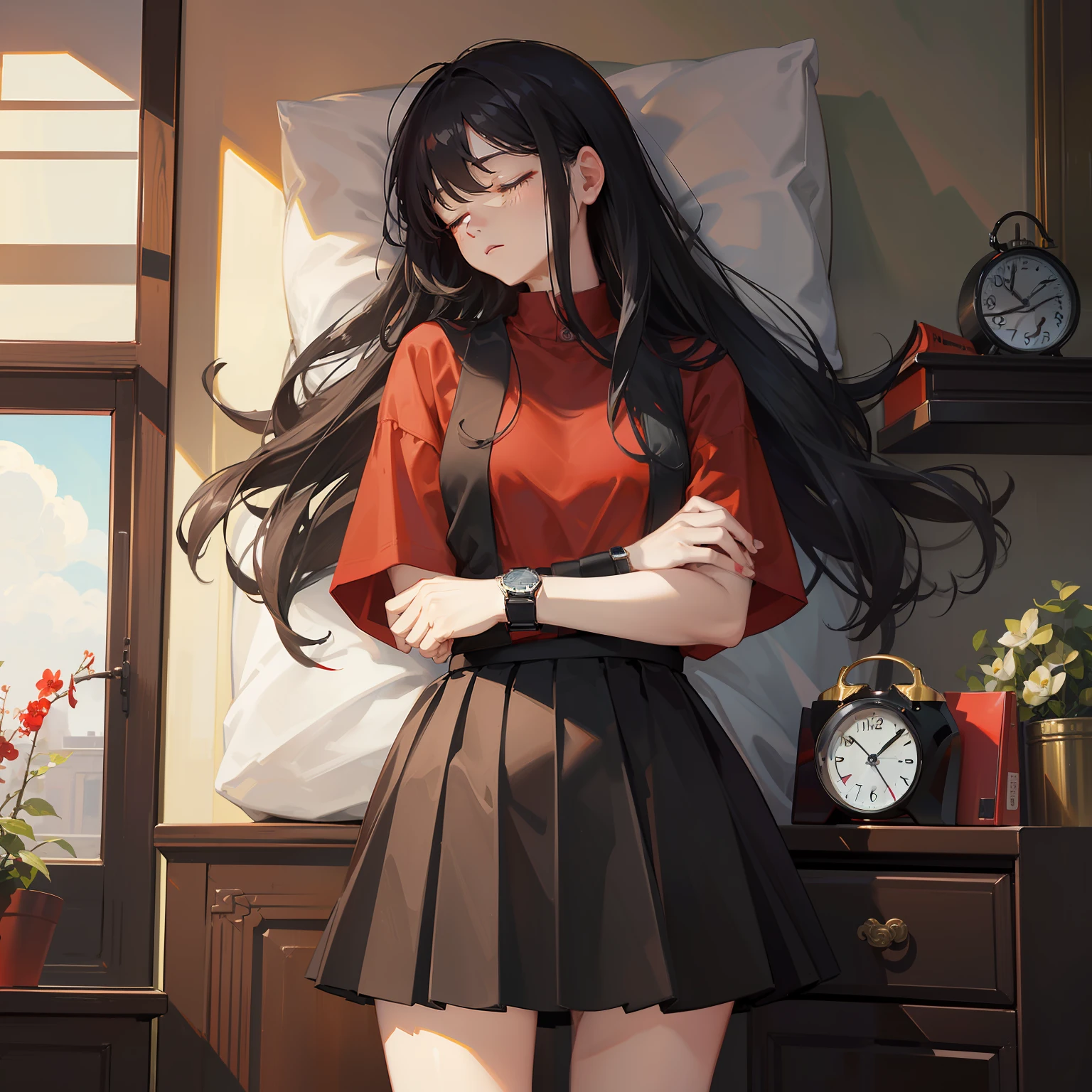 masterpiece、hightquality、vivd colour、(((Long Black Hair)))、(((Red Shirt)))、(((a black skirt)))、(((sleep)))、(((Numerous alarm clocks)))、(((A large number of watches)))