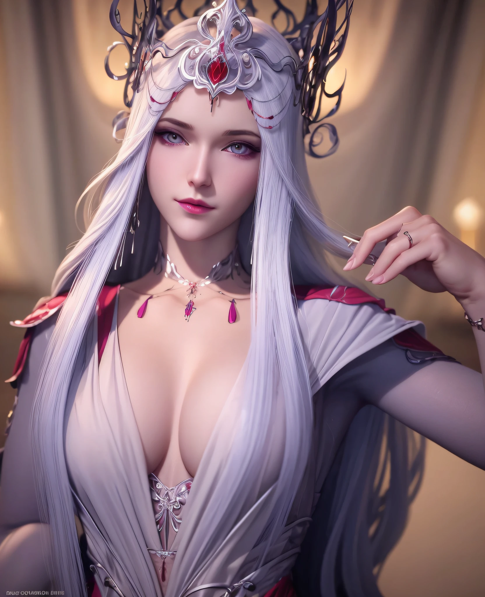 (masterpiece:1.2, best quality:1.2, beautiful, high quality, highres:1.1, aesthetic), detailed, extremely detailed, NSFW, ambient soft lighting, 4K, perfect eyes, perfect face, perfect lighting, 1girl, alternate breast size, belly, black hair, breasts, glowing, hair between eyes, huge breasts, inverted nipples, lips, long hair, looking at viewer, lying, navel, nipples, nude, on back, parted lips, plump, realistic, solo, big breasts, hands on hips