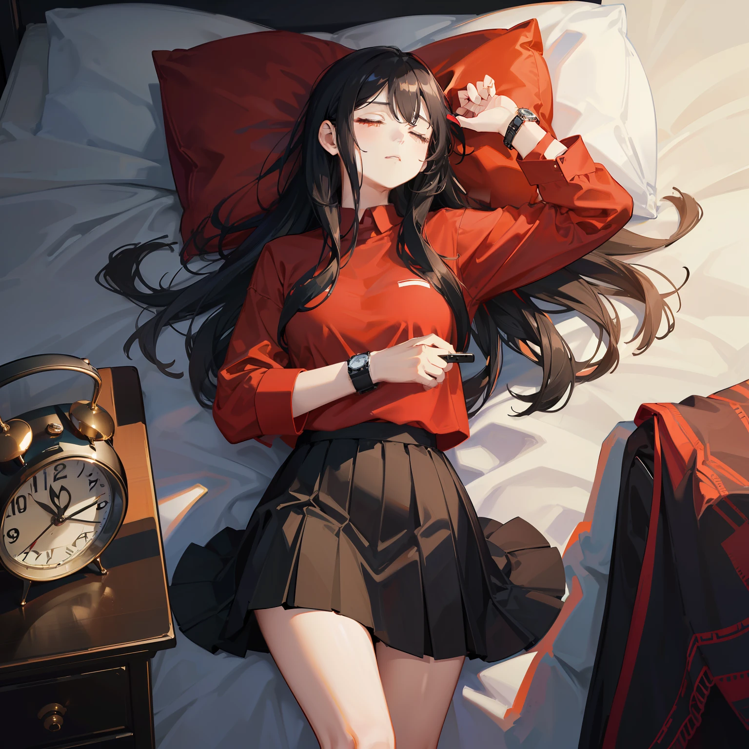 masterpiece、hightquality、vivd colour、(((Long Black Hair)))、(((Red Shirt)))、(((a black skirt)))、(((sleep)))、(((Numerous alarm clocks)))、(((A large number of watches)))