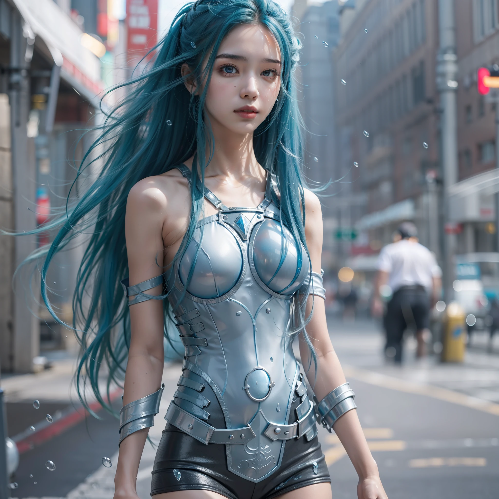 On the street，A slim sexy teenage looking at the sky，The body is covered with armor formed by water:1.2，water sphere，The face is cute and fair，ultra - detailed，Textured skin，White skin，Water drips on the body，Long blue hair，pupil realistic，Super nice looking，tmasterpiece，