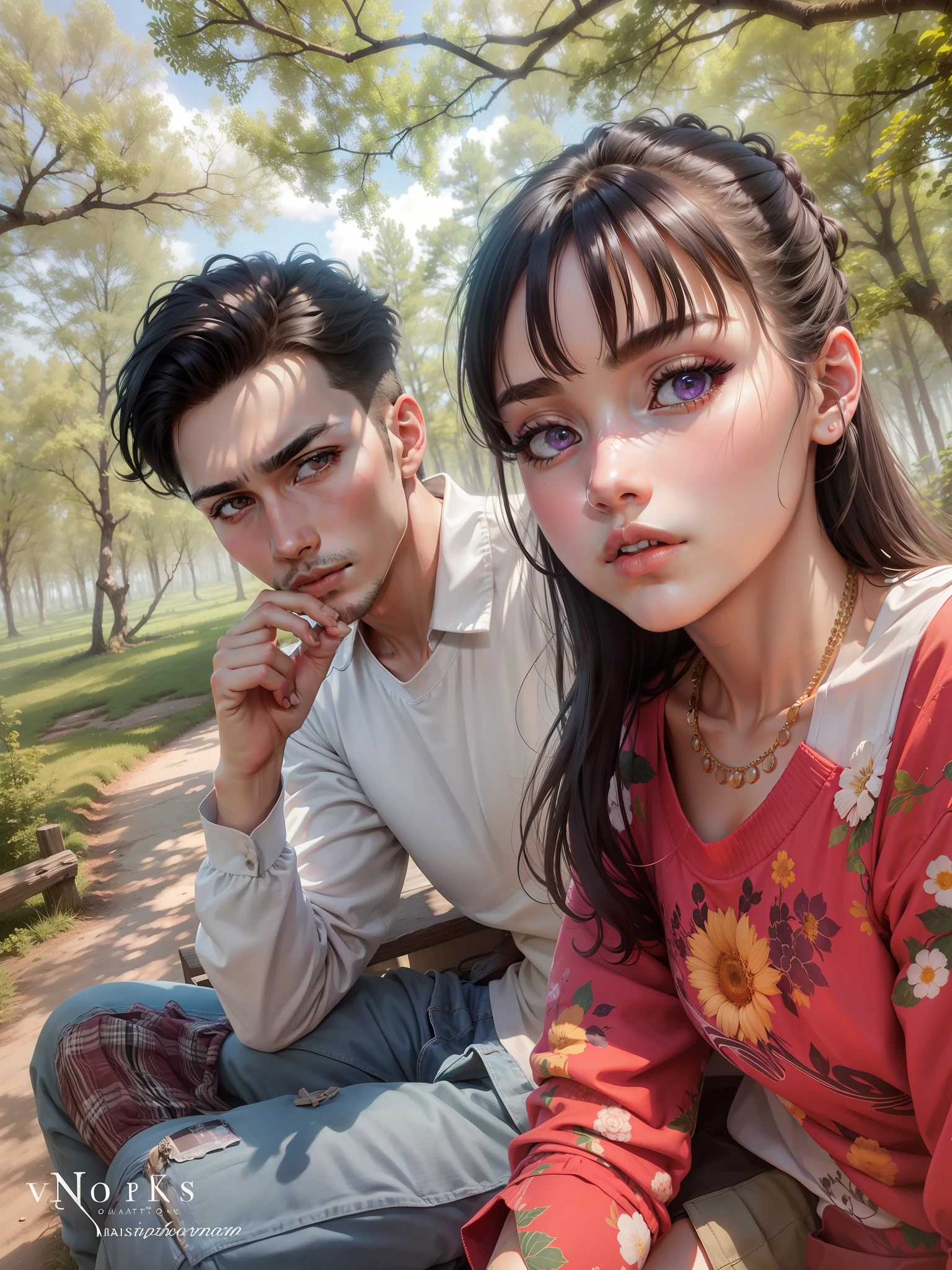 best quality, {best quality}, {{masterpiece}}, {highres}, {field field}, extremely detailed couple, illustration, couple, 1boy, 1girl, couple, love, love, romantic, sharp focus, male focus, female focus, black hair, violet eyes, sun, sunlight, lifting, t-shirts, men's clothes, expressionless, women's fashion, forest, flowers, statement
