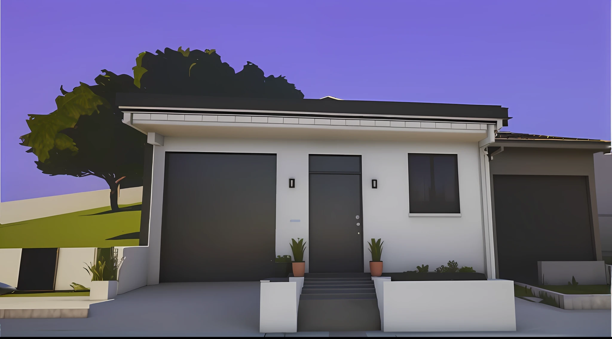 There is a small white house with a tree in the front yard, em estilo de realismo simplificado, finalrender, 3d final render, semi-realistic rendering, 3d final render, 3 d finalrender, fully detailed render, ((GTA 5 Casa Screenshot)), vista frontal, realista estabelecendo tiro, renderizado em unidade 3 d, high-quality render, Detailed rendering