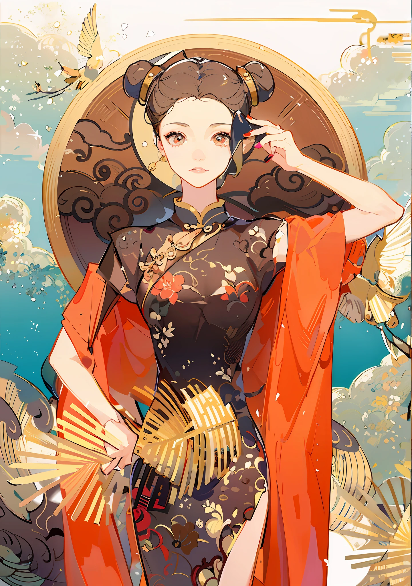 There was a woman in a red dress holding a fan, Inspired by Lan Ying, China Princess, Princesa chinesa antiga, Inspired by Qiu Ying, Palace , A girl in Hanfu, inspired by Xie Sun, inspired by Jin Nong, inspired by Park Hua, chinese empress, inspired by Xu Xi, Cheongsam, inspired by Lu Guang, an ancient Chinese goddess
