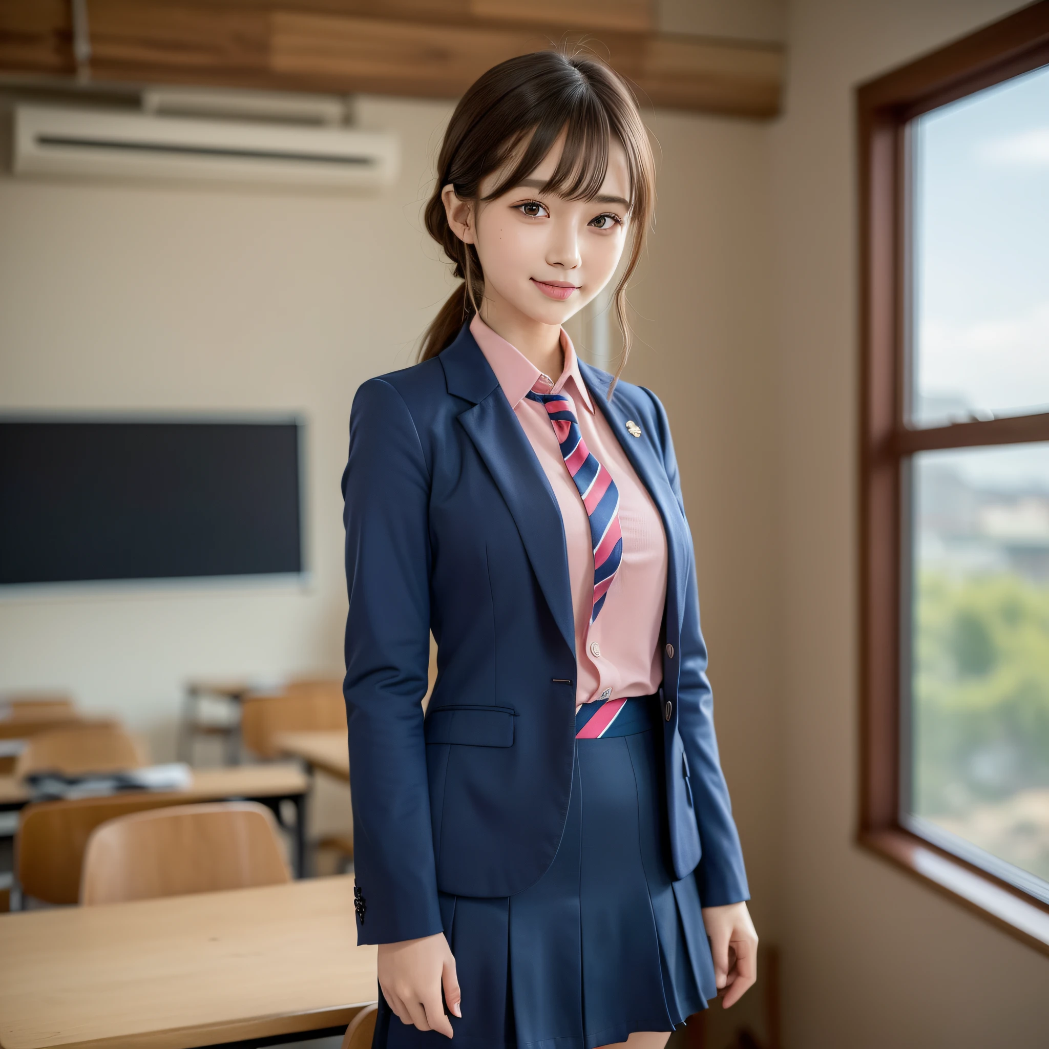 ((Best Quality, 8K, Masterpiece: 1.3)), 1 Girl, Slim, Full Body, (Hairstyle Casual, Big: 1.2), (Pink Y-shirt, Red Tie, Dark Blue Skirt, Loafers, Dark Blue Blazer: 1.2), Ultra Slender Face, Delicate Eyes, Double Eyelids, Smile, (Classroom: 1.0)