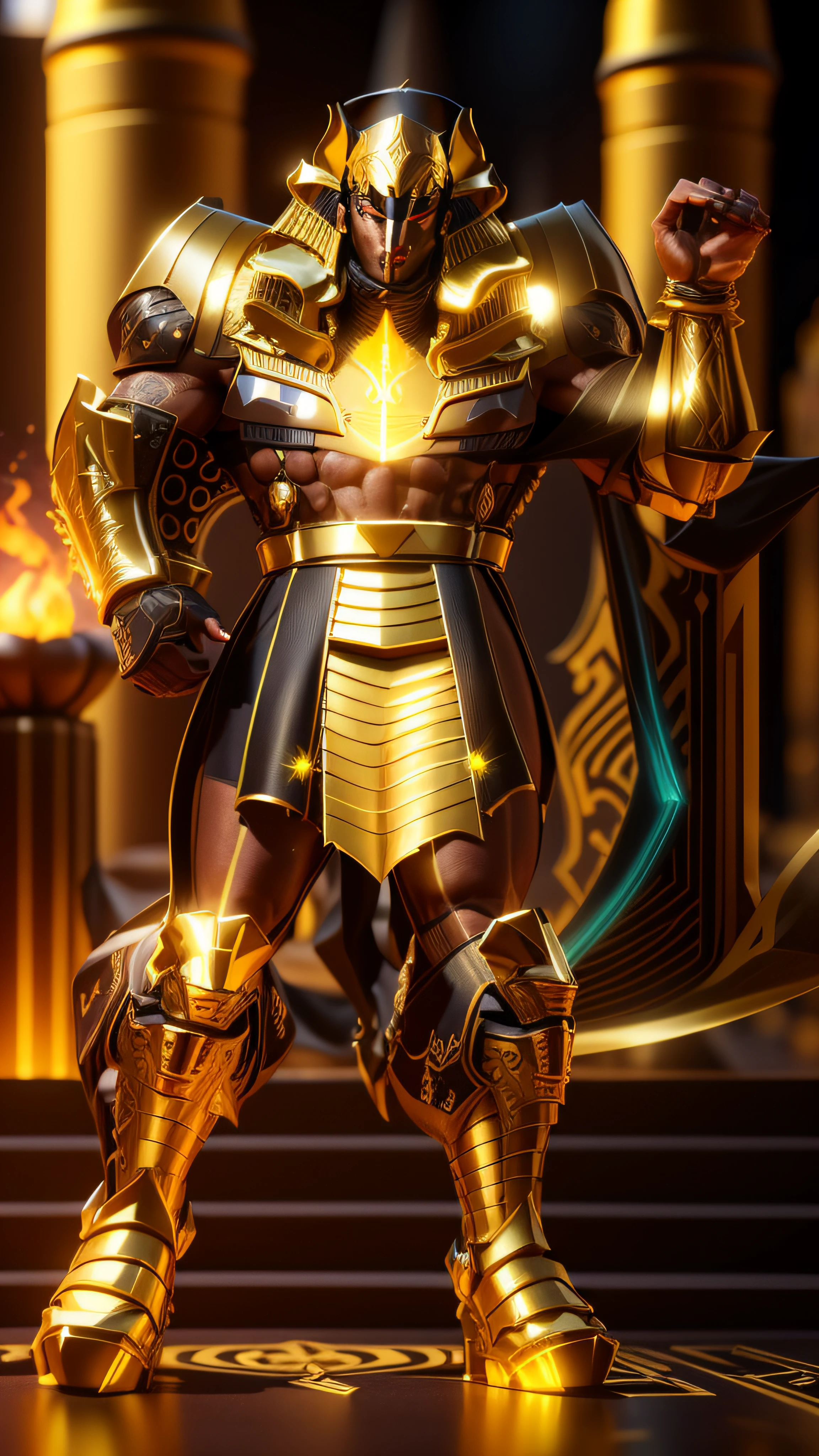 An imposing pharaoh, preto com dourado, coxas feitas de neon amarelo, Yellow flame emanating from the arm, 3D-rendering, Hyper-realistic graphics, 3D-rendering, 8k, NVIDIA, RTX 4090 | | | | | | |, ray tracing, Bokeh, Galaxy scenery,