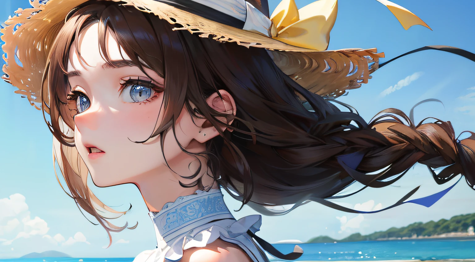 (((1人の女性)))、(Top resolution、Distinct_image) best qualtiy、(Embarrassed look)、((sideways Facing))、​masterpiece、ighly detailed、Semi-realistic、Brown hair、Braided hairstyle、deadpan、bangss、21 years old、Mature、年轻、White sleeveless、wide hat with white brim、((shores))、delicated facial features、Facial features、mid-shot、