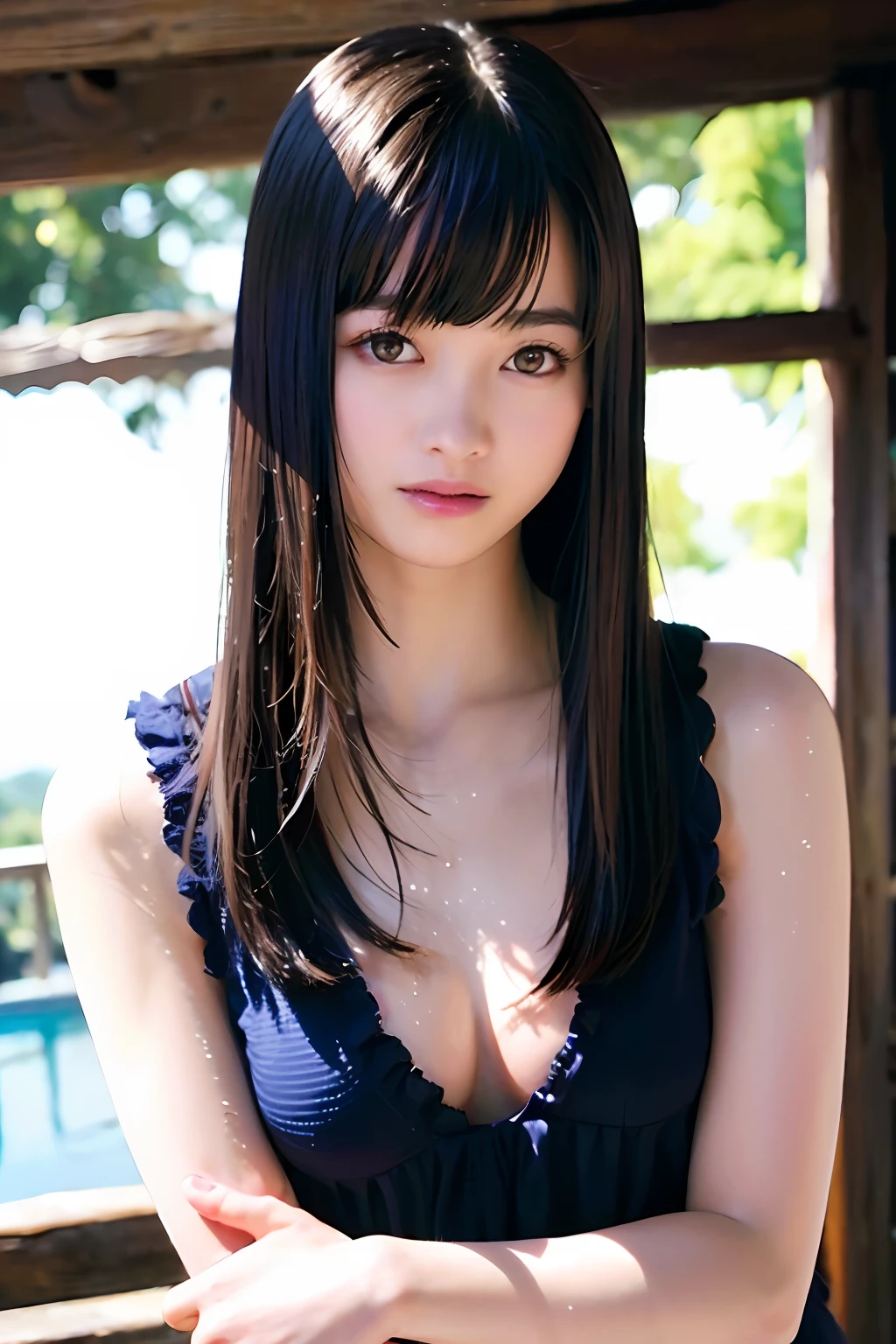 top-quality、masterpiece、超A high resolution、(Photorealsitic:1.4)、Raw photo、1人、Dark hair、glowy skin、WET BODY、Dramatic Writing、full bodyesbian、female dog、maikurobikini、爆乳、idol、smiling、onepiece