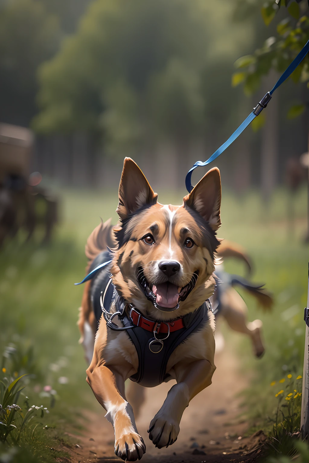 A dog running in the middle of a field, he has a leash and a backpack attached to his back. In the backpack there are explosives and a chronometer, k9, the photo shows a large, intense knowledge, shutterstock, canine, impeccable military composure, afp, marine, special forces security, close - up shot, close-up shot, interesting shot, by Bernard Meninsky, dog, intense moment, intense scene
