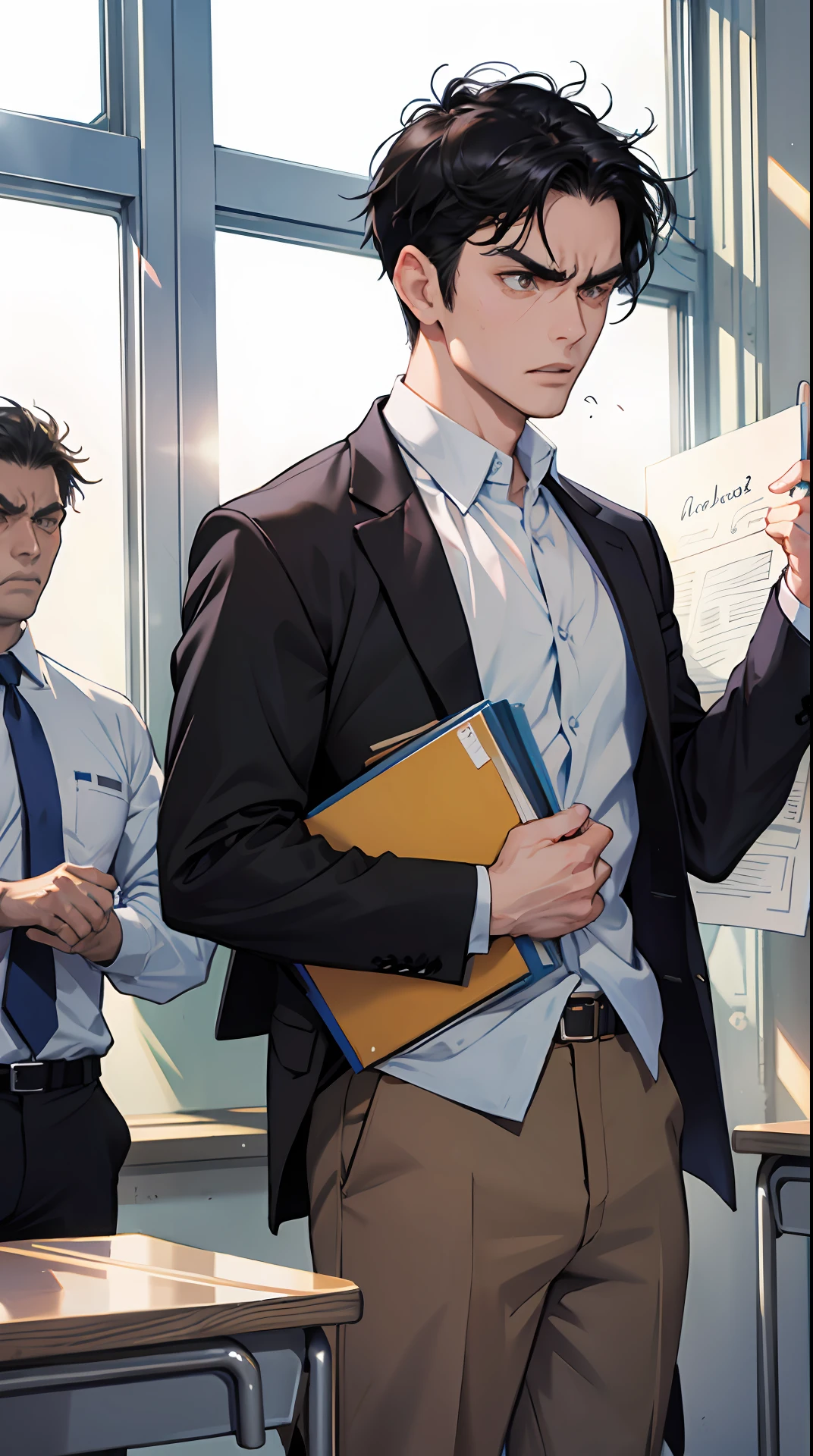 In the classroom，A male teacher with short black hair roared angrily from the podium。，The expression was very angry，middle aged man