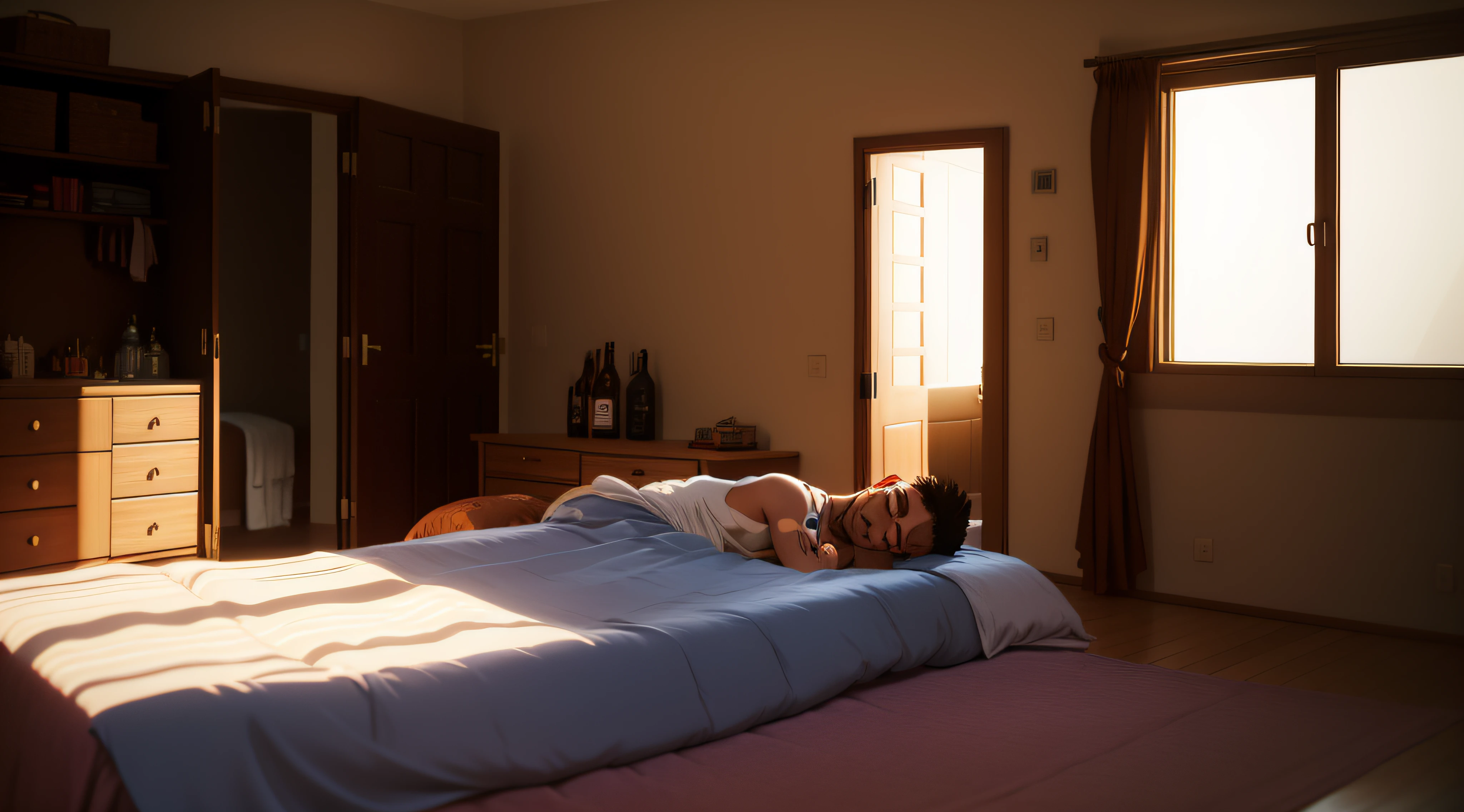 There is also a room to the east of the bedroom
The man lying on the bed fell asleep
His face was flushed
There was a smell of alcohol all over his body