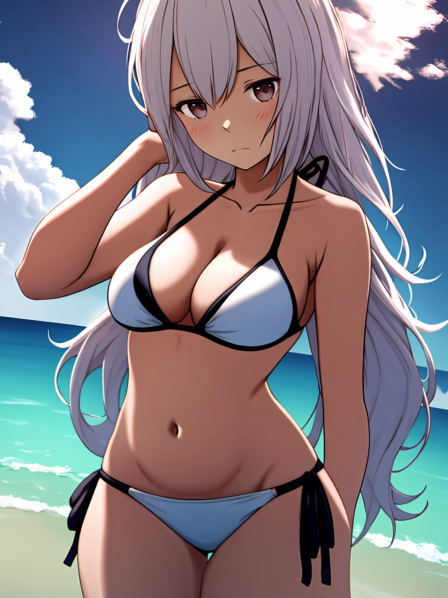 1girll,tmasterpiece,8K,Half realistic,4K,RTX,Shaders,brilliant texture work,White bikini swimsuit,A lot of men's hands go to touch girls,The man stroked the girl's belly with his hand,The man's hand pokes the girl's navel,fearful expression,Reluctant expressions