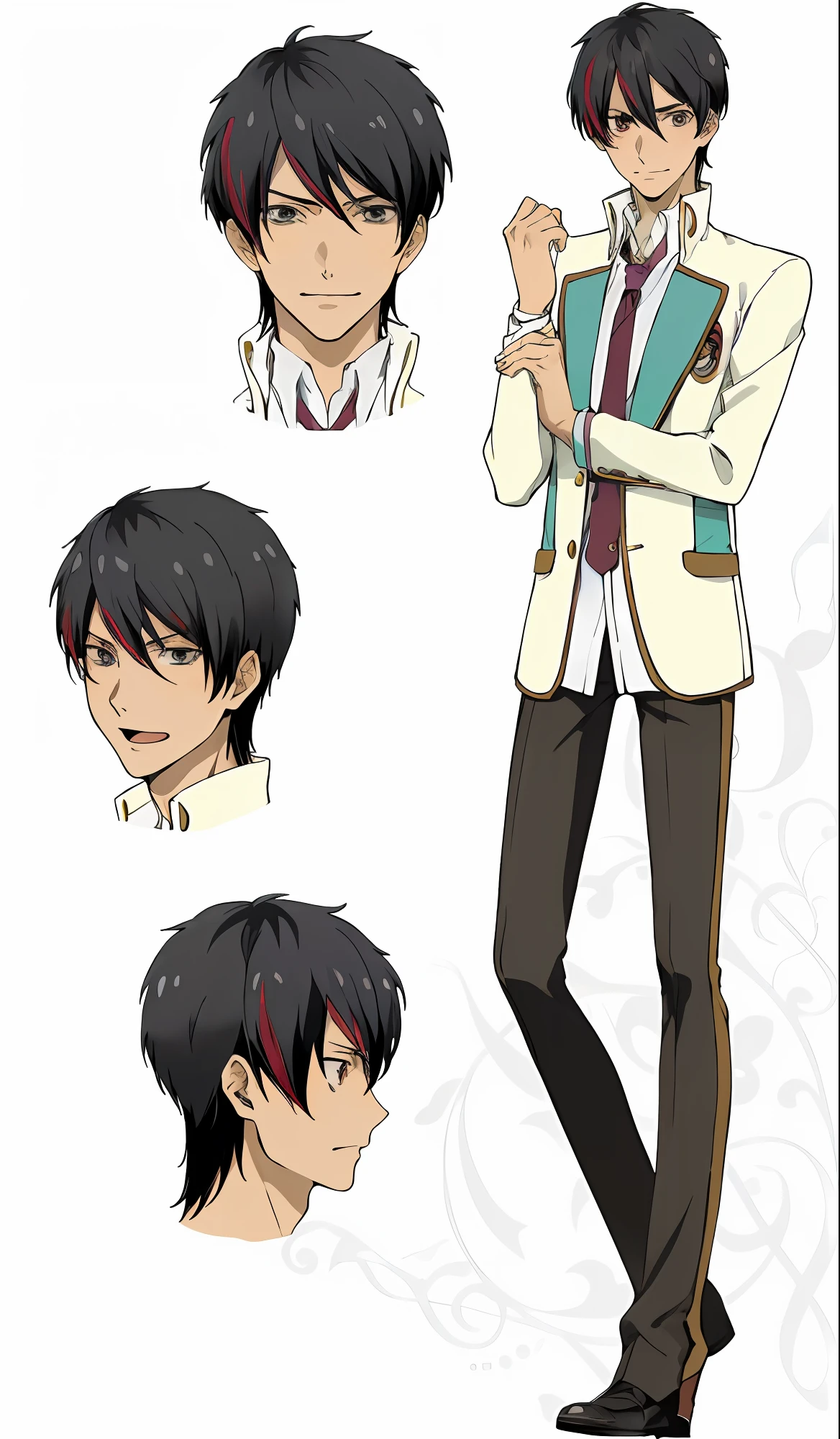 Anime characters with different hair and clothes and white shirts, Official Character Art, miura kentaro style, single character full body, kentaro miura art style, male anime characters, miura kentaro style, inspired by Masanobu Okumura, anime handsome guy, inspired by Okumura Togyu, Kazuto Okada。