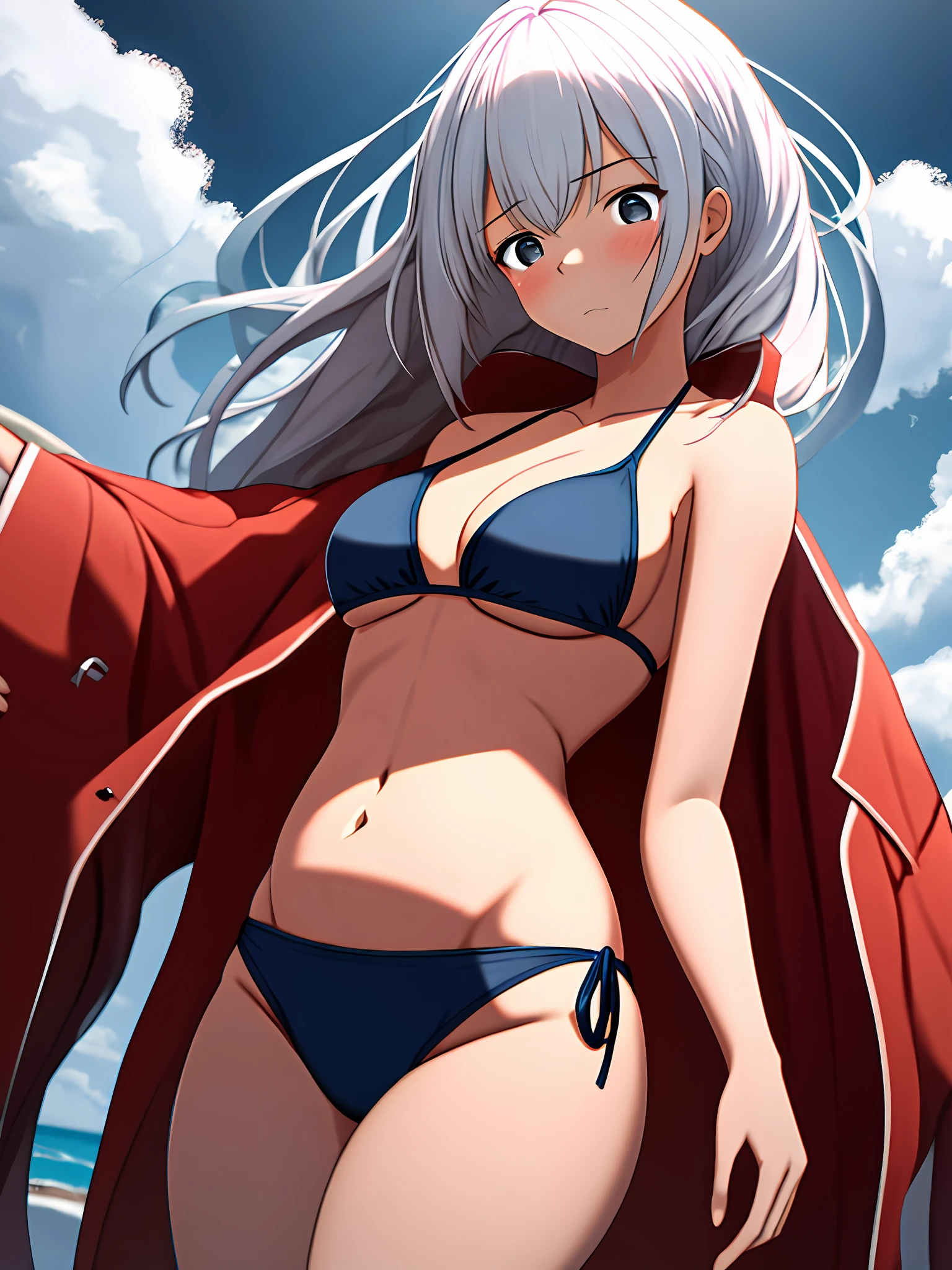 1girll,tmasterpiece,8K,Half realistic,4K,RTX,Shaders,brilliant texture work,White bikini swimsuit,A lot of men's hands go to touch girls,The man stroked the girl's belly with his hand,The man's hand pokes the girl's navel,fearful expression,Reluctant expressions