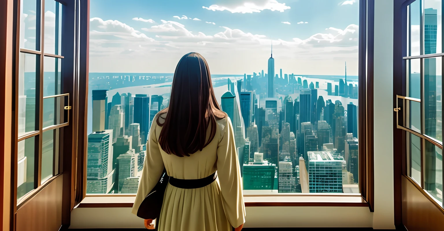 A woman stands in front of a large floor-to-ceiling window, vista traseira, com vista da cidade de nova York, Everything is covered on film, detalhes ricos, panoramic perspective, textura do filme, epic feel, filme textura filme Kodak, wear and scratch, luz de fundo, 8k,