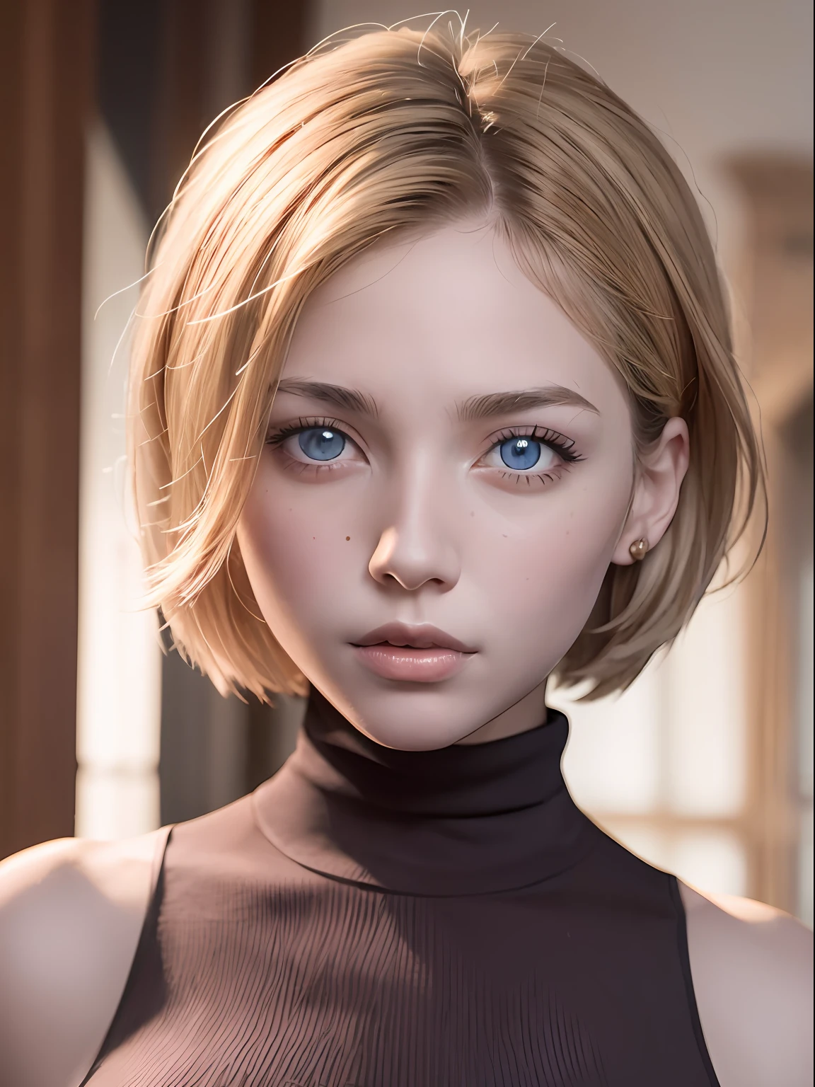 maryms, Best Quality, (beauty), 1girl, short hair, phisically-based render ,ultra highres, narrow waist, skinny, (red), (red turtleneck:1.2), blue eyes, puffy eyes, shiny skin, eyes focus, detailed face, detailed eyes, european youth