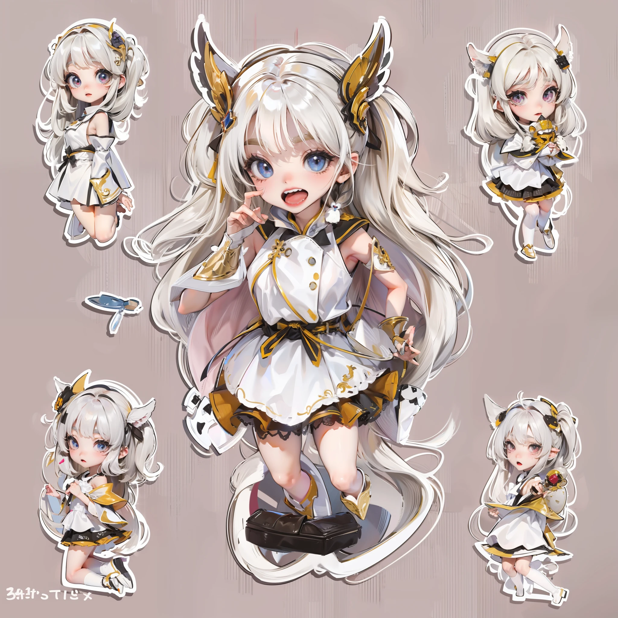Una pegatina con un borde recortado blanco sobre un fondo neutro de cuerpo completo. En el estilo de anime kawaii una elfa desgarbada y delgada, vestido con armadura de acero ligero, Llevar grande , Orejas muy grandes y puntiagudas, Cabello largo y lacio, con ojos muy expresivos.