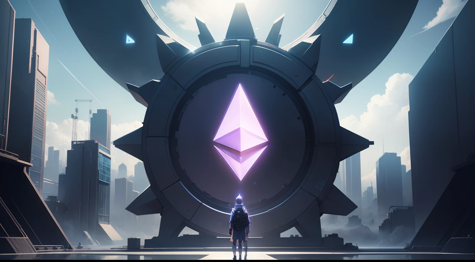 Ethereum cryptocurrency logo on supermodern futuristic technical machine, anime style ghibli