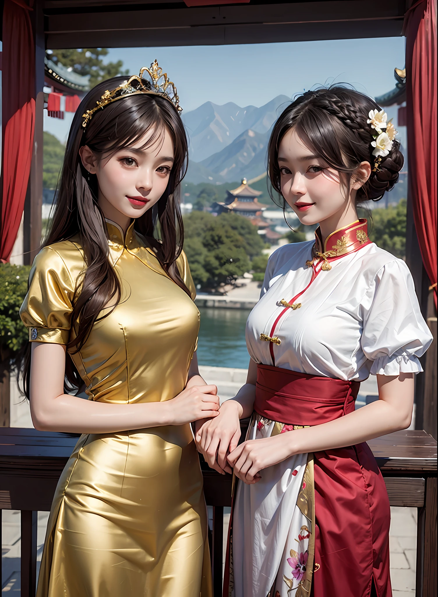 golden colored,Chinese palaces,2girls,Empress and princess,Mother and daughter,Lily,brunette color hair,By bangs,Chinese long skirt,flower,35 and ,Phoenix crown,Smile,