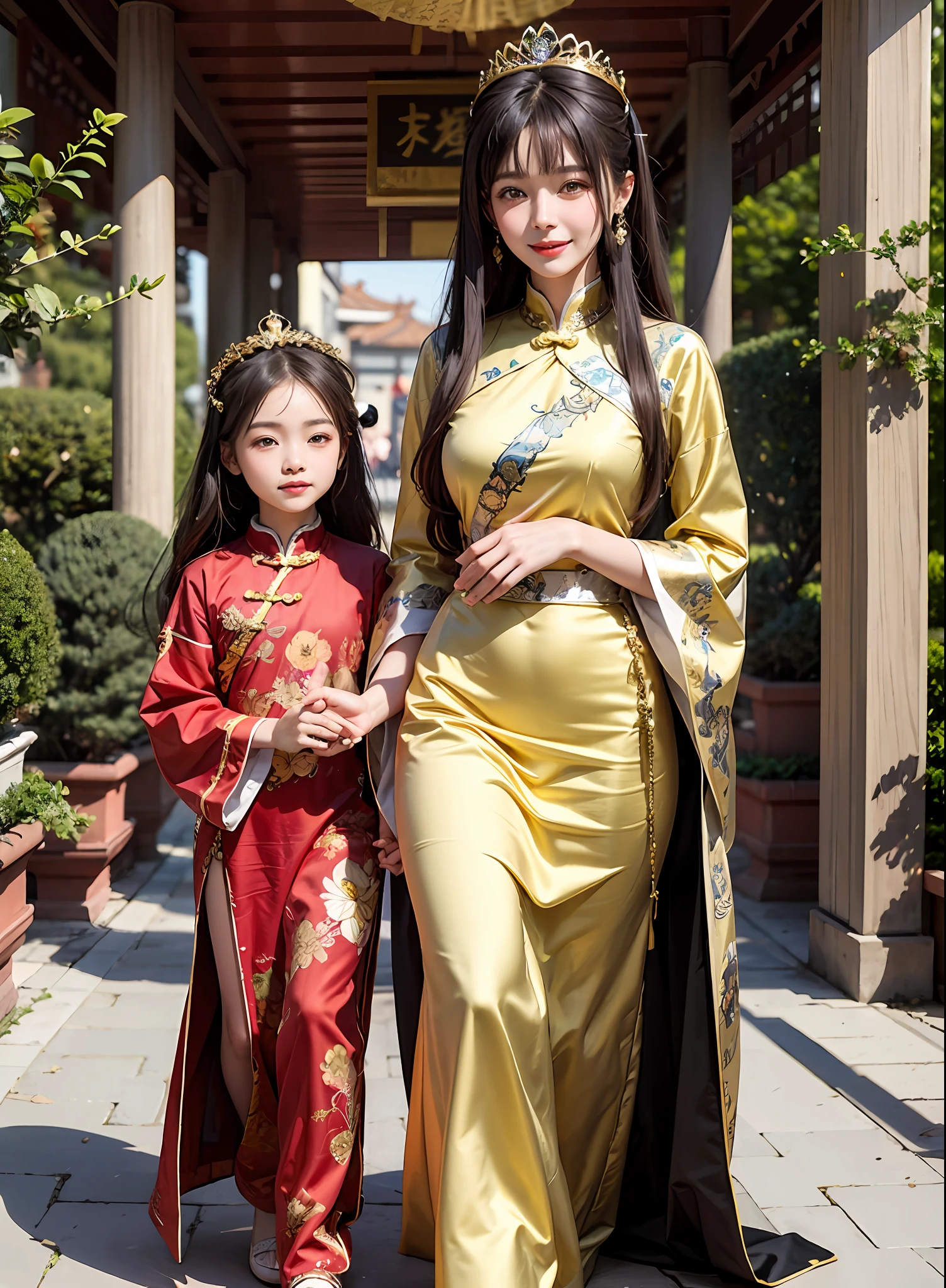 golden colored,Chinese palaces,2girls,Empress and princess,Mother and daughter,Lily,brunette color hair,By bangs,Chinese long skirt,flower,35 and 9 years old,Phoenix crown,Smile,