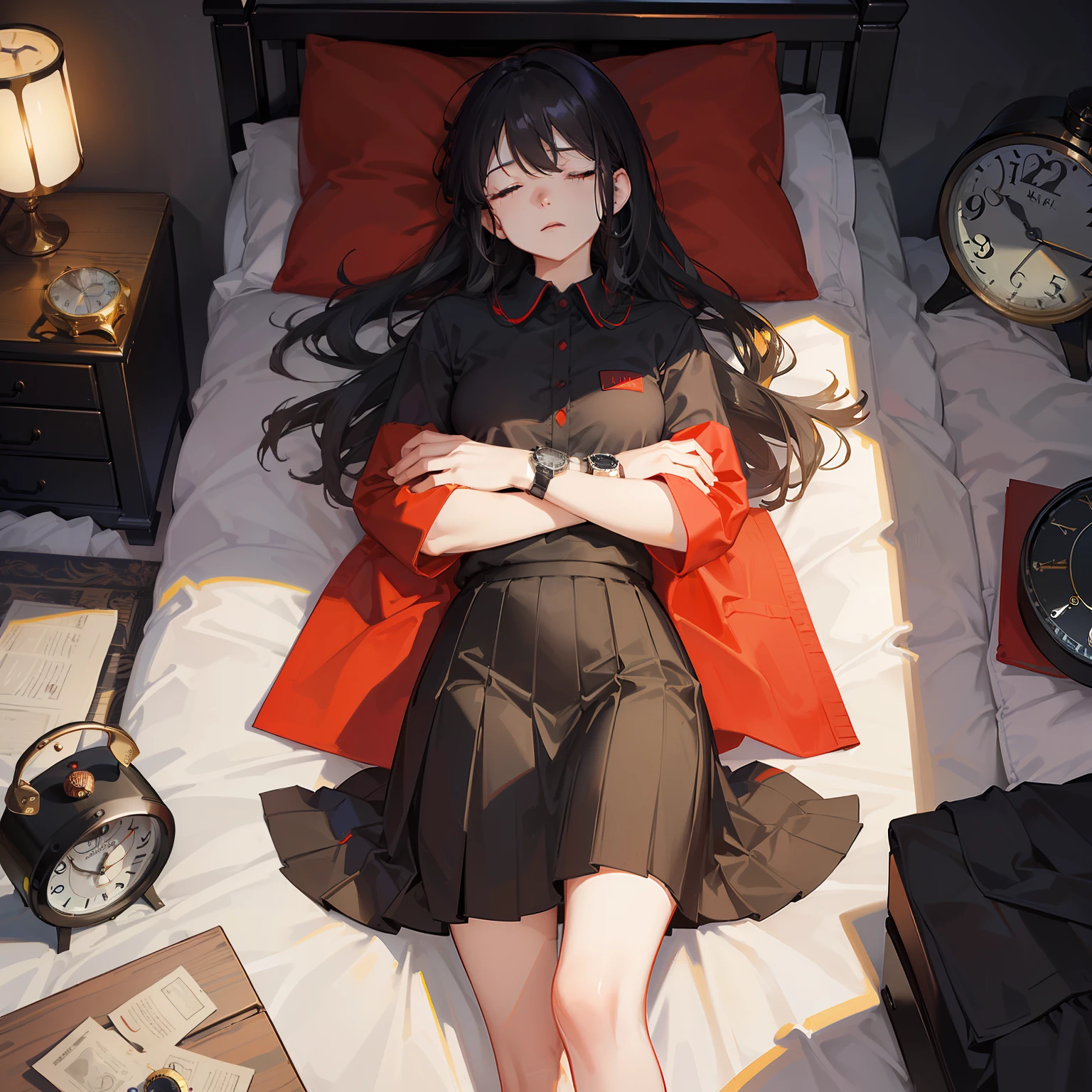masterpiece、hightquality、vivd colour、((Long Black Hair))、((Red Shirt))、((a black skirt))、(((sleep)))、(((Numerous alarm clocks)))、(((A large number of watches)))、(((Mass watches)))、