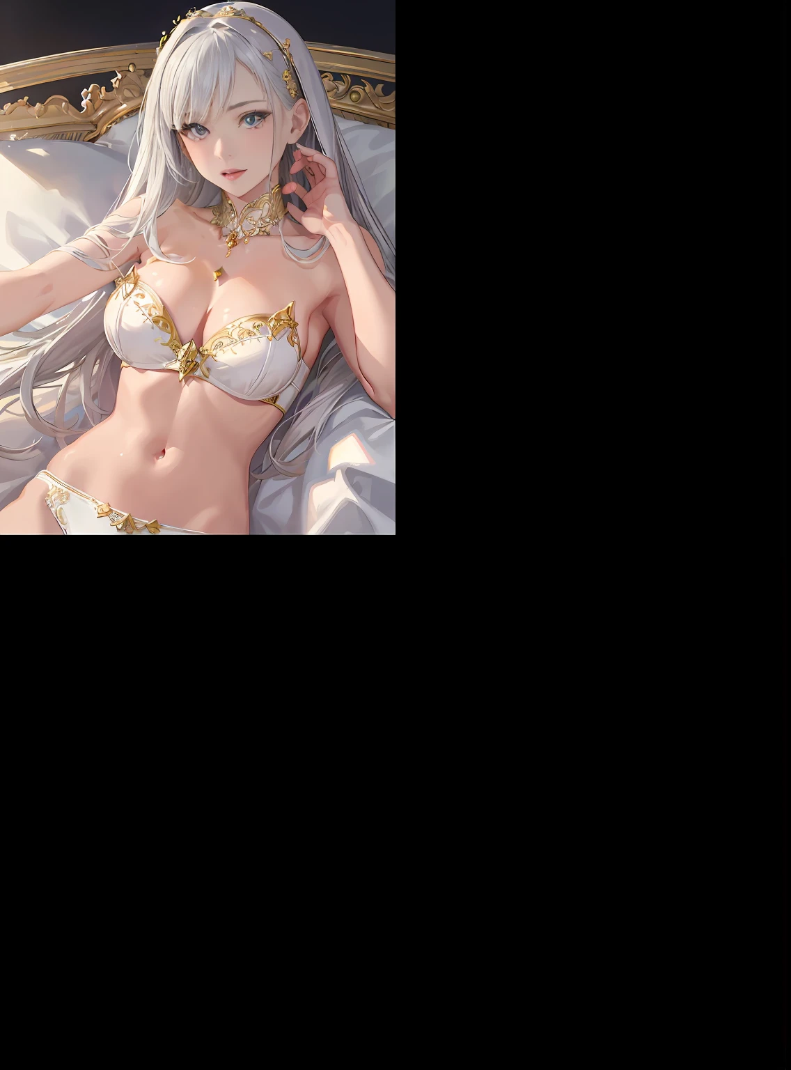 Huge breasts, bikini white hair lying on the bed, with water on his body, with love in his eyes, pinching his chest and clutching his breasts