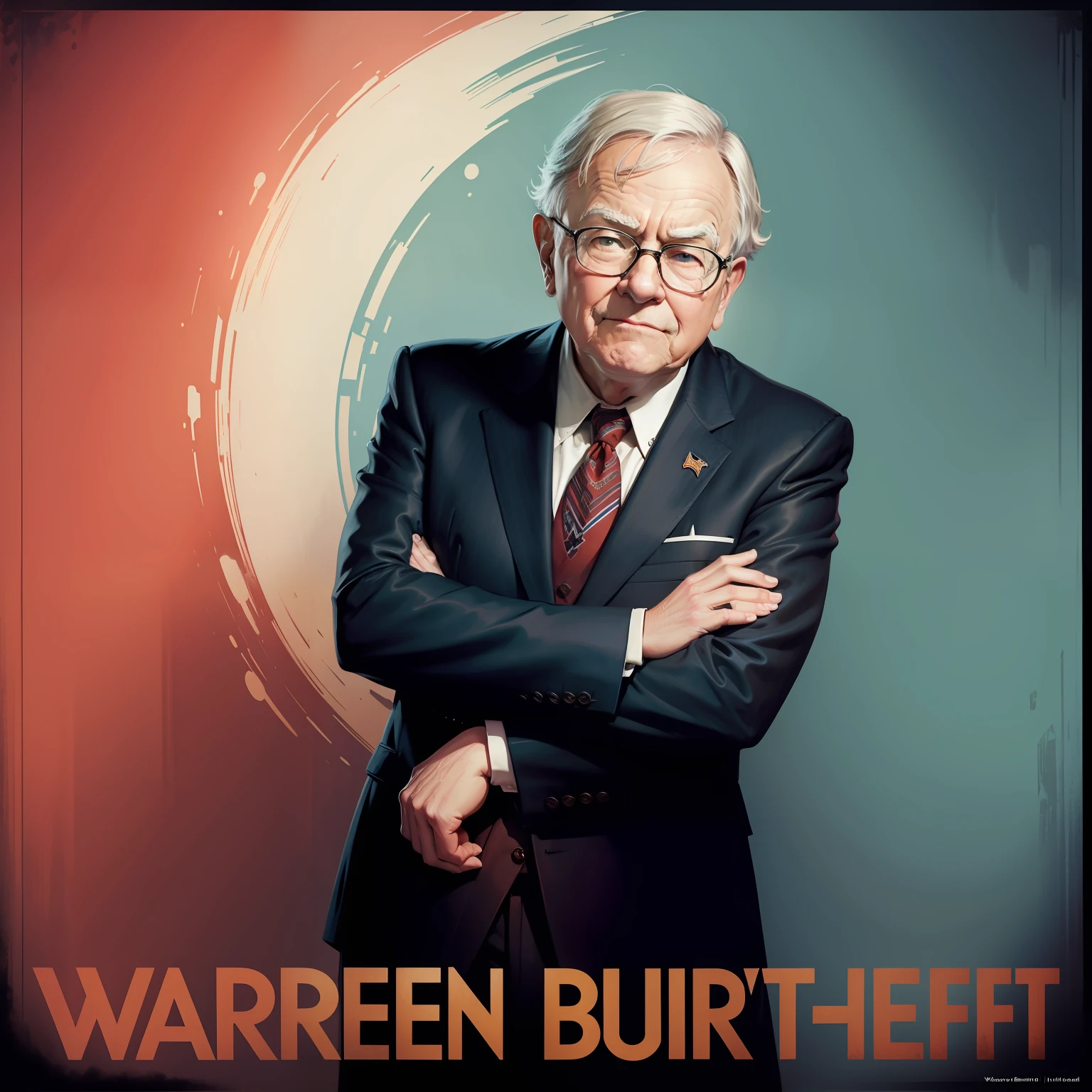 Warren Buffet propaganda poster with american colors as background