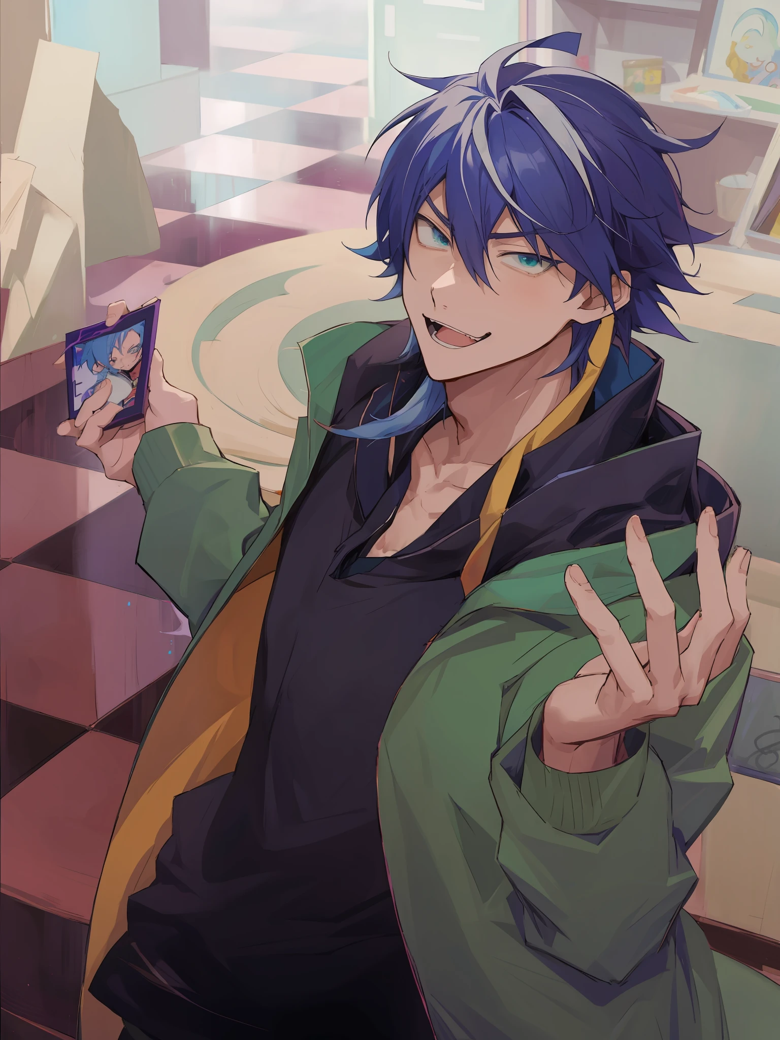 Anime - photo in the style of a man with blue hair and a green jacket, 2 d anime style, 2 D Anime, zerochan art, inspired by Masanobu Okumura, with index finger, zerochan, anime styled」, inspired by Yamagata Hiro, 2d art, Kazuto Okada。, 2 d art, otaku gangasta, Anime Boy