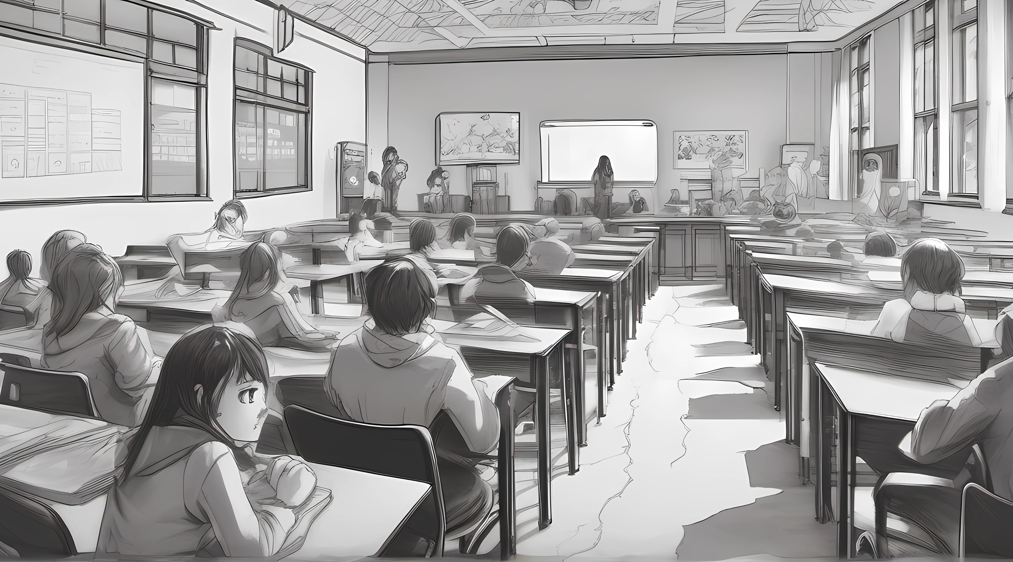 black and white, pencil drawing, sketch, a full classroom of students , face to cam