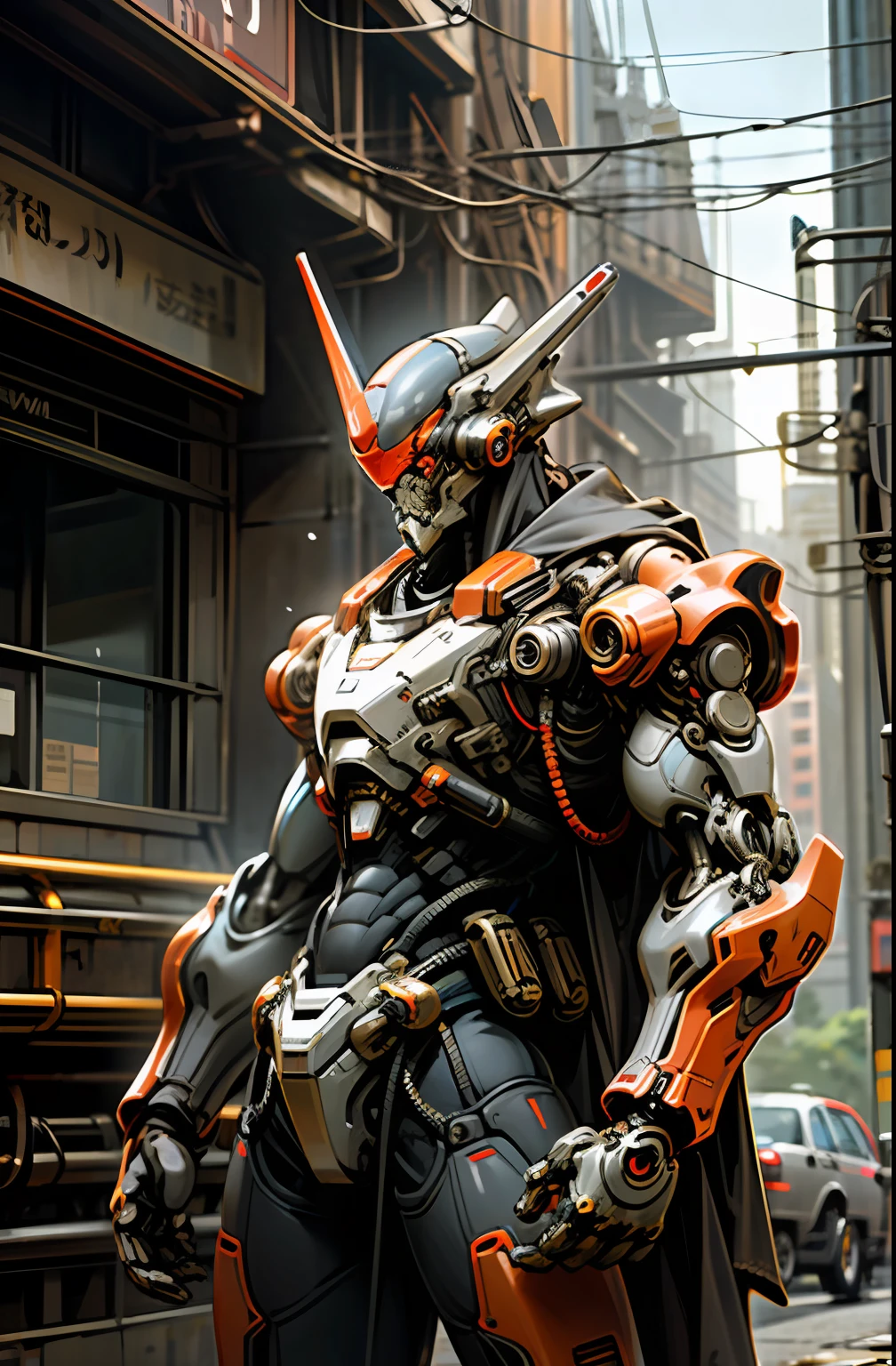 Dark_Fantasy,Cyberpunk,(bazooka man, Red:1.1),1man,Mechanical marvel,Robotic presence,Cybernetic guardian, wearing a worn-out mech suit, intricate, (steel metal [rusty]), elegant, clear focus, shot by greg rutkowski, soft lighting, vibrant colors, masterpiece, ((street)), cowboy shot, dynamic pose,