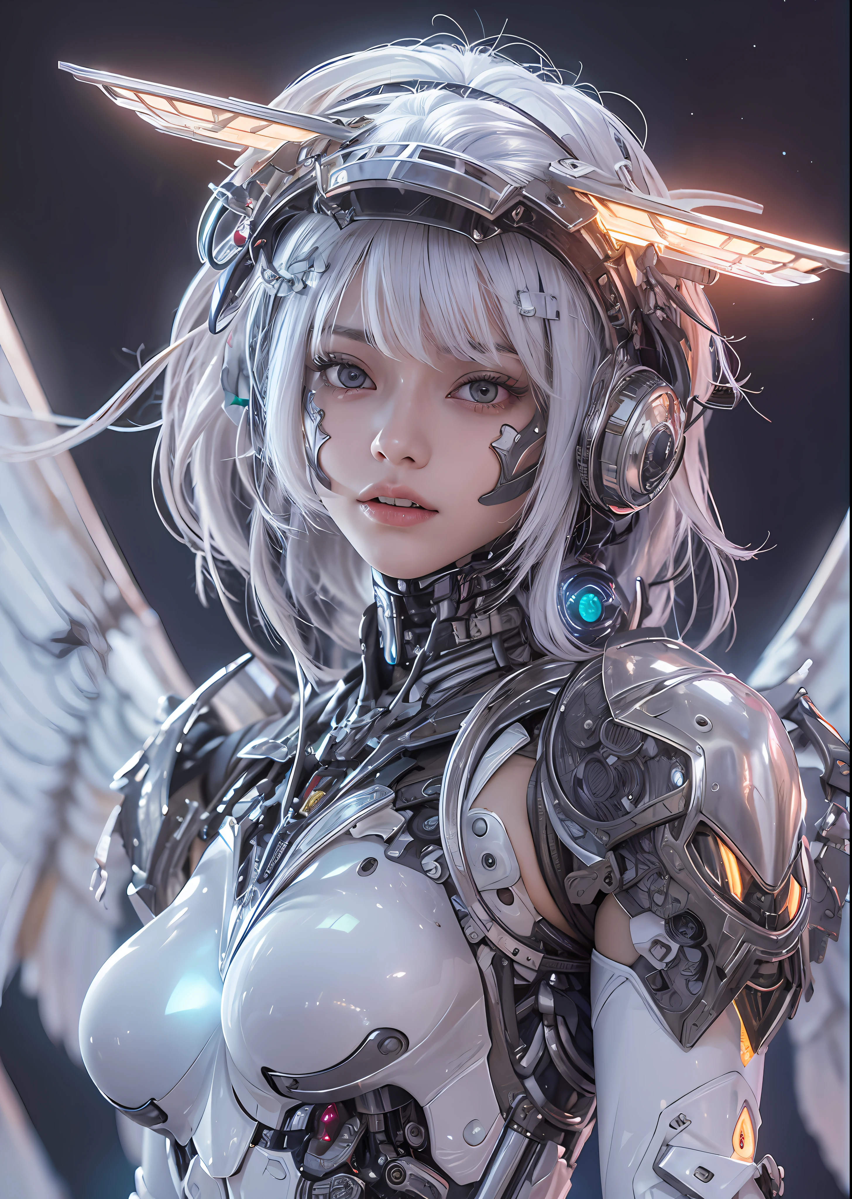 top-quality、masterpiece、超A high resolution、(Photorealsitic:1.4)、Raw photo、Battle Cyborg Angel、large wings made of metal、White porcelain body、Acrylic Clear Cover、white hair、glowy skin、1 Cyborg Girl、((super realistic details))、portlate、globalillumination、Shadow、octan render、8K、ultrasharp、character edge light,Colossal tits、Raw skin is exposed in cleavage、Details of complex ornaments、Japan details、Hydraulic cylinder、Small LED lamp、highly intricate detail、Realistic light、a purple eye、radiant eyes、Facing the camera、neon details、cowboy shot、Futuristic headgear、About Cyberpunk、、