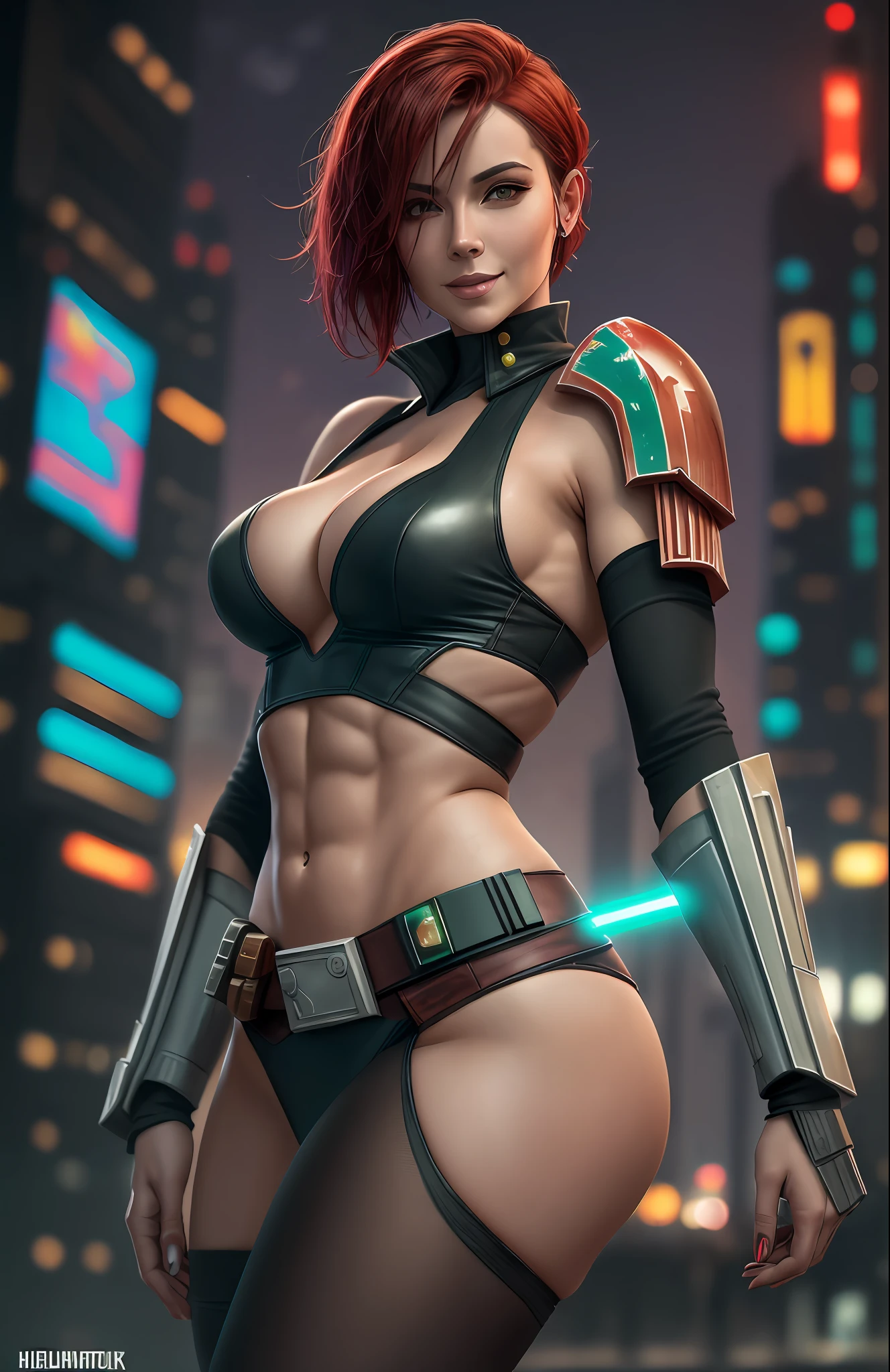 A sexy mandalorian woman hunting down a jedi woman, cyberpunk city at night in the background. Short shaved red hair, wet look, green Semi closed eyes , sadistic smile, toned abs, fit body. Black stockings, High heels. 8k, very detailed, realistic photography, Helmut Newton style. --auto --s2