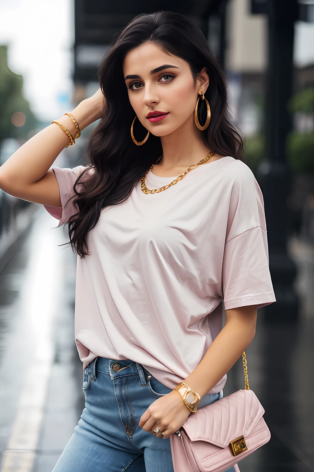 (RAW photo, realism: 1.8), (dark lip gloss, light red lipstick, many eyelashes, dark black eye shadow, shy, blushing, high quality, high resolution, depth of field, chromatic aberration, caustic, wide light, natural colors, 25 year old woman), neck thin gold chain, small earrings, gold bracelets, wear many accessories, large toned breasts, style A good woman,
((Best Quality, 8k, Masterpiece:1.3)), Focus: 1.2, Perfect Body Beauty: 1.4, Arabian 25 years old woman: 1.2, ((Boy Cut Hairstyle)), (Pink baggy basic tee-shirt:1.1), light Pink basic full body length tee-shirt, grey skinny damage jeans, long jeans: 1.1, Highly detailed face and skin texture, Detailed eyes, Double eyelids, toned body, Whitened skin, minor smile, large breasts, toned legs, beautiful detailed feets, long heel's, detailed feets and fingers, perfect feet's, toned legs, whitened skin, detailed sharp eyes and face, middle eastern woman, baggy basic tee-shirt, simple plain Baggy Tee-shirt, toned hips, 8K UHD, thin gold chain in neck, model looks, standing at carrying brown leather hand bag, rainy weather, wearing wrist watch, bracelet, bangle's open legs style Posing, rainy day, rainy atmosphere, night life, roads and traffic, standing at street side, traffic rush, boy cut black hairs