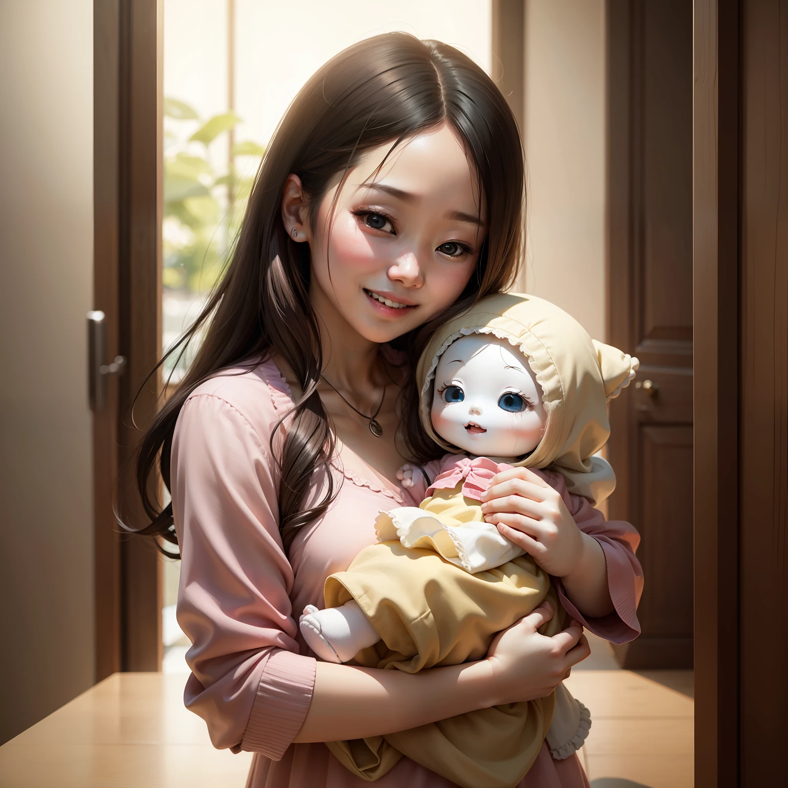 A woman holds in her arms a doll that has lost an eye,The corner of the doll's mouth broke into a funny grin,Scoffing at the world。