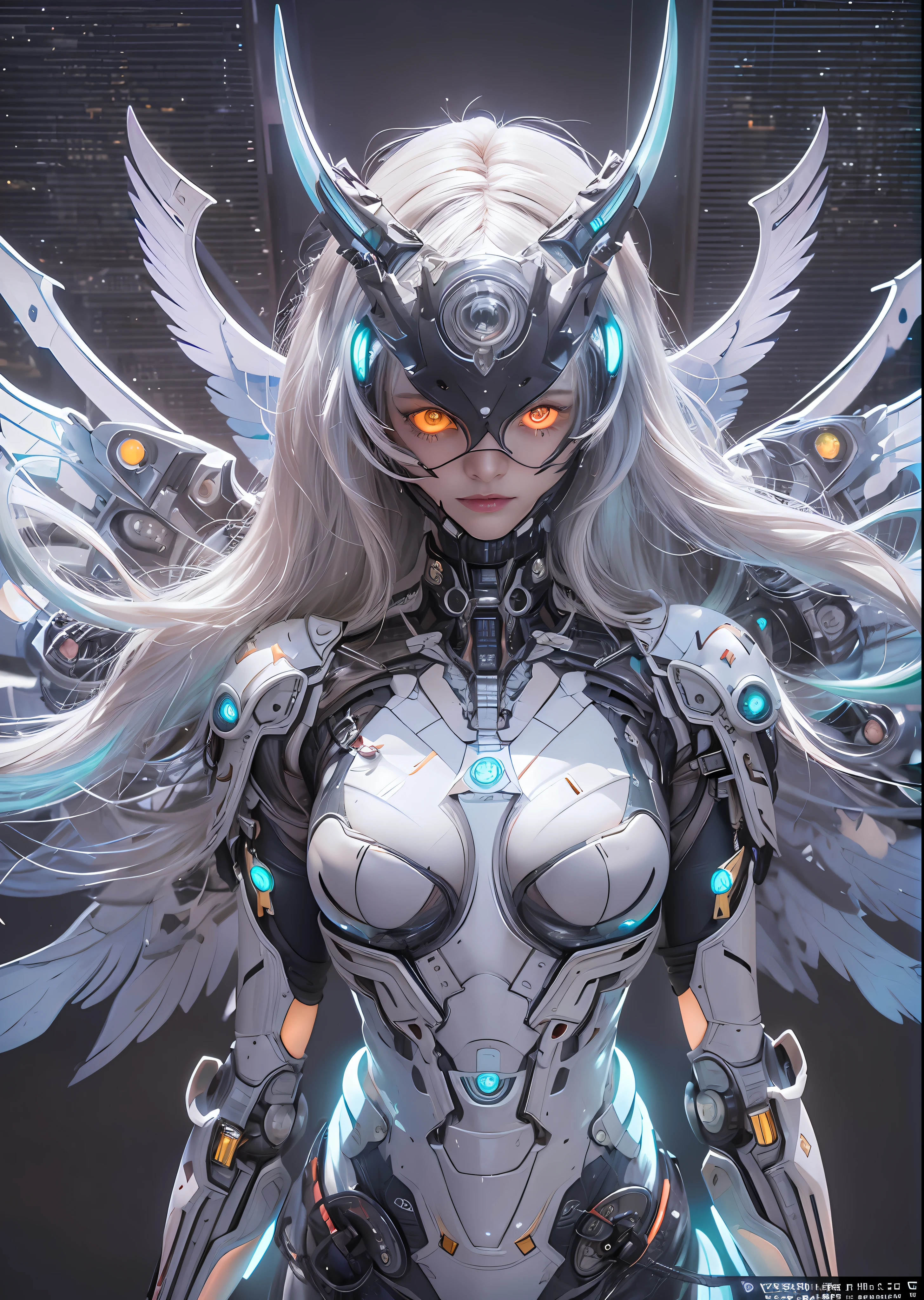 top-quality、masterpiece、超A high resolution、(Photorealsitic:1.4)、Raw photo、Battle Cyborg Angel、large wings made of metal、White porcelain body、Acrylic Clear Cover、white hair、glowy skin、1 Cyborg Girl、((super realistic details))、portlate、globalillumination、Shadow、octan render、8K、ultrasharp、character edge light,Colossal tits、Raw skin is exposed in cleavage、Details of complex ornaments、Japan details、Hydraulic cylinder、Small LED lamp、highly intricate detail、Realistic light、a purple eye、radiant eyes、Facing the camera、neon details、cowboy shot、Futuristic headgear、About Cyberpunk、、