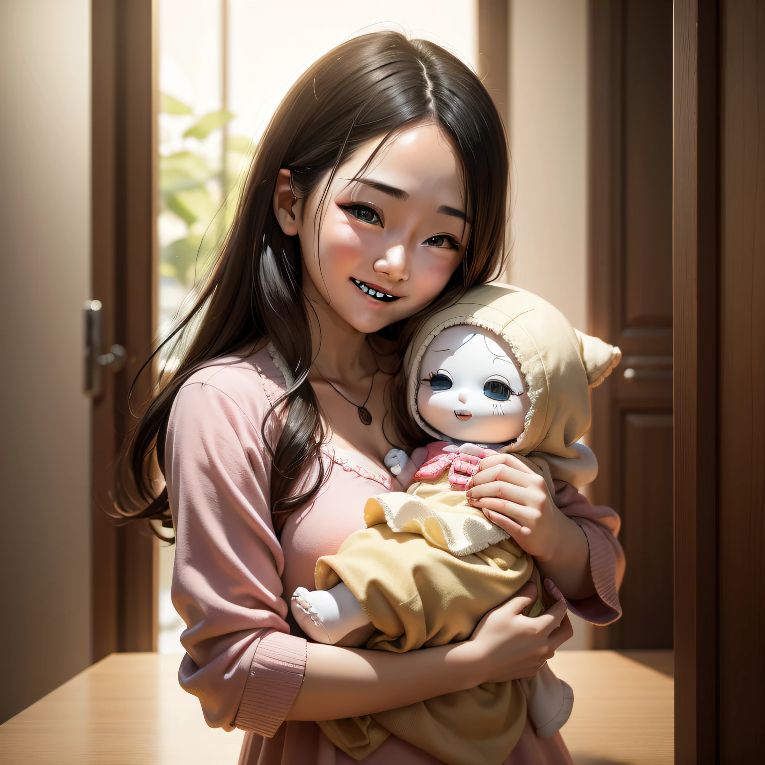 A woman holds in her arms a baby doll that has lost an eye,The corner of the doll's mouth broke into a funny grin,Scoffing at the world。