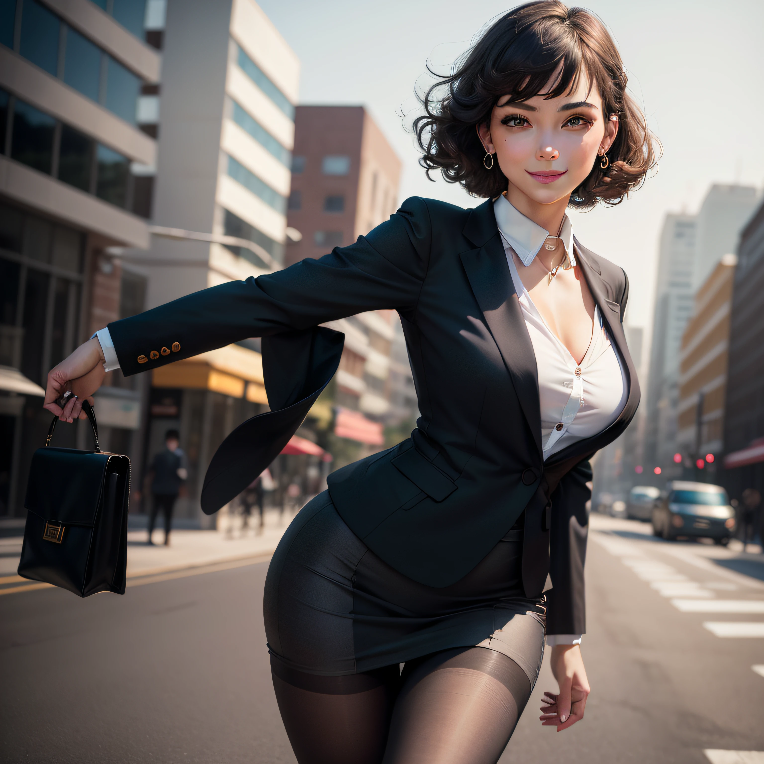 (8K, Best quality, Masterpiece:1.2), (Realistic, photo-realistic:1.37), Ultra-detailed, 1 girl, full bodyesbian, Outdoors, (Adjust hair:1.5) Office Lady, black officeblazer, officeskirt, (Pantyhose:1.2), (short buttoneddownshirt:1.2), buttonedupcollarprim, buttoneddowncollarprim, Bra, (Pantyhose:1.2), alphalayers, high-heels, Beautiful earrings, Cute, Solo, Beautiful detailed sky, (Smile:1.15), (Closed mouth), Small breasts, Beautiful detailed eyes, Business attire, (Short hair:1.2), Floating hair NovaFrogStyle,