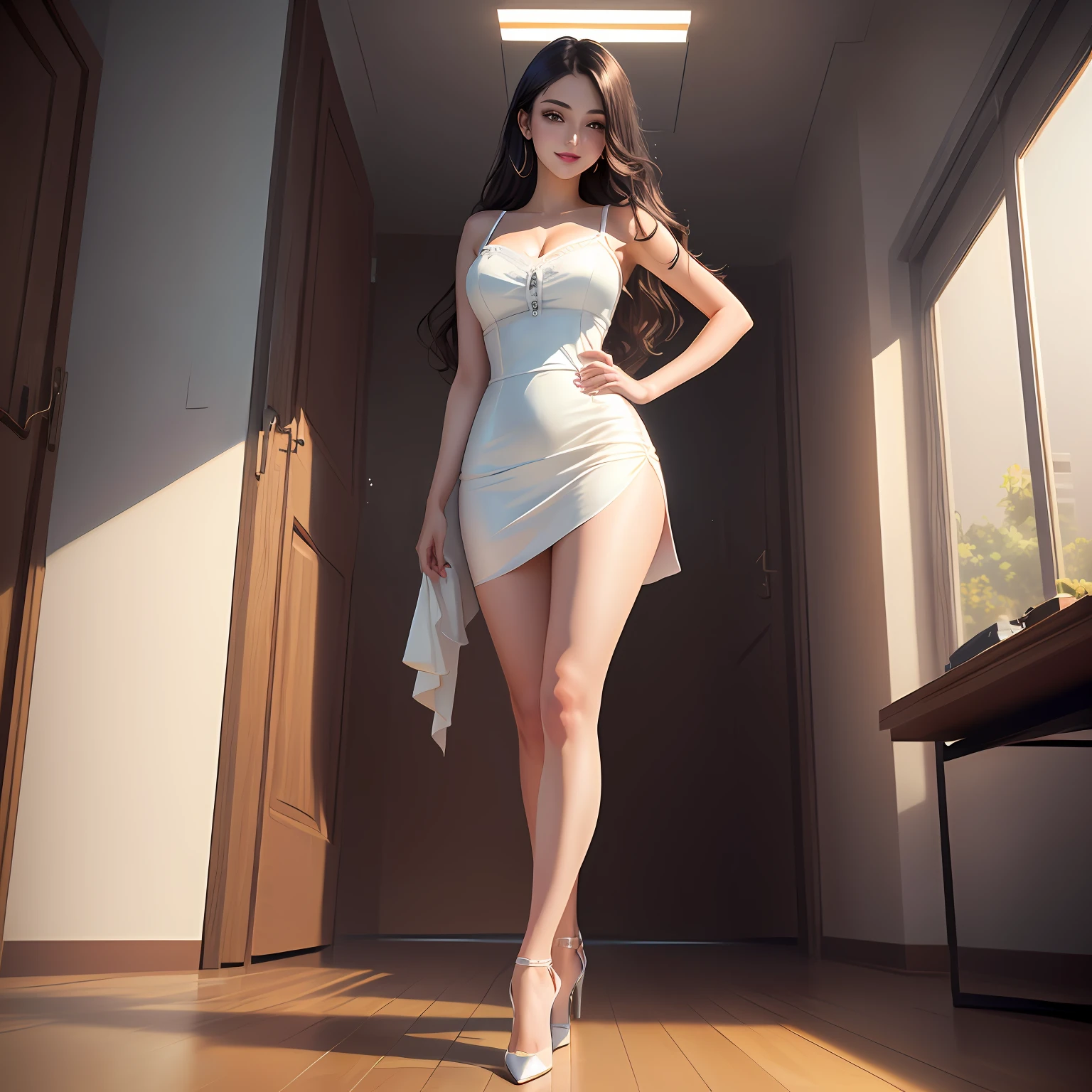 best quality ,masterpiece, illustration, an extremely delicate and beautiful, extremely detailed ,CG ,unity ,8k wallpaper,absurdres, huge filesize,very wide shot,soft lighting,contre_jour,in office, 1girl,solo,sexy,cute,light smile, long hair,sidelocks,lipstick,long eye lashes,beactiful detailed eyes,middle breasts,white dress,Camisole dress,long legs,beautiful legs,high heels,standing,full body,photo by Fujifilm X-T3,